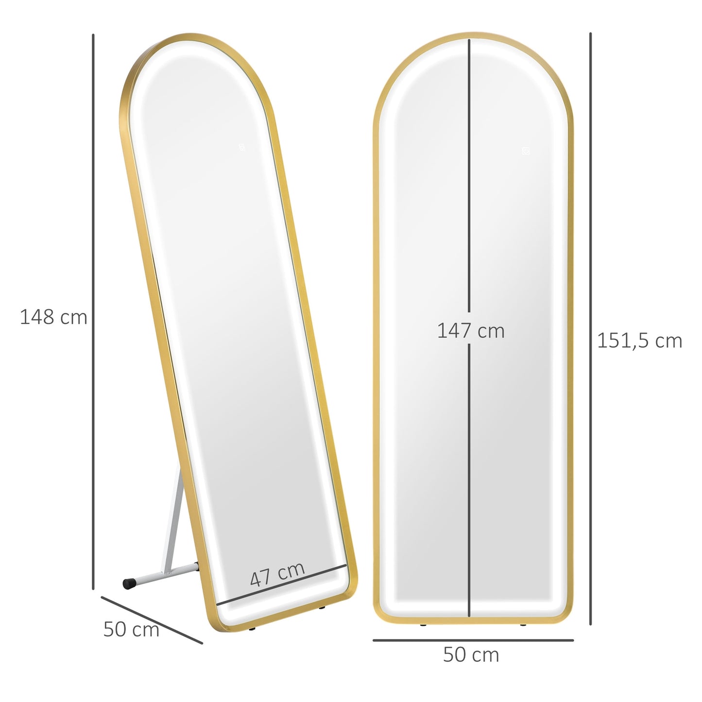 LED Full Length Mirror, Dimmable Wardrobe Mirror, Touch Switch, Gold