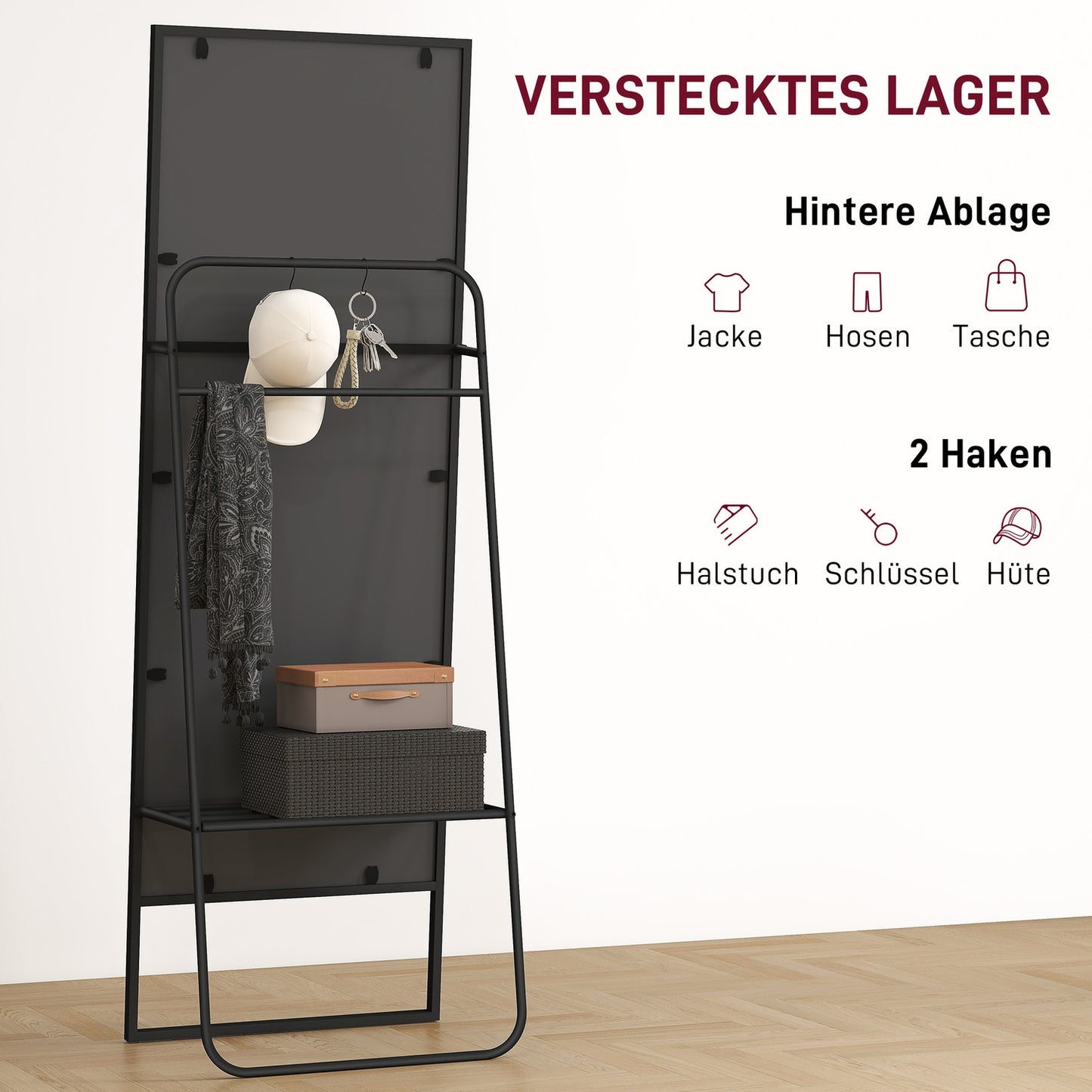 Full-Length Mirror with Shelf & Hooks, Black, 157x50 cm