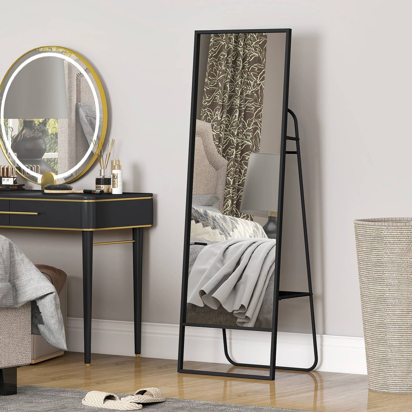 Full-Length Mirror with Shelf & Hooks, Black, 157x50 cm