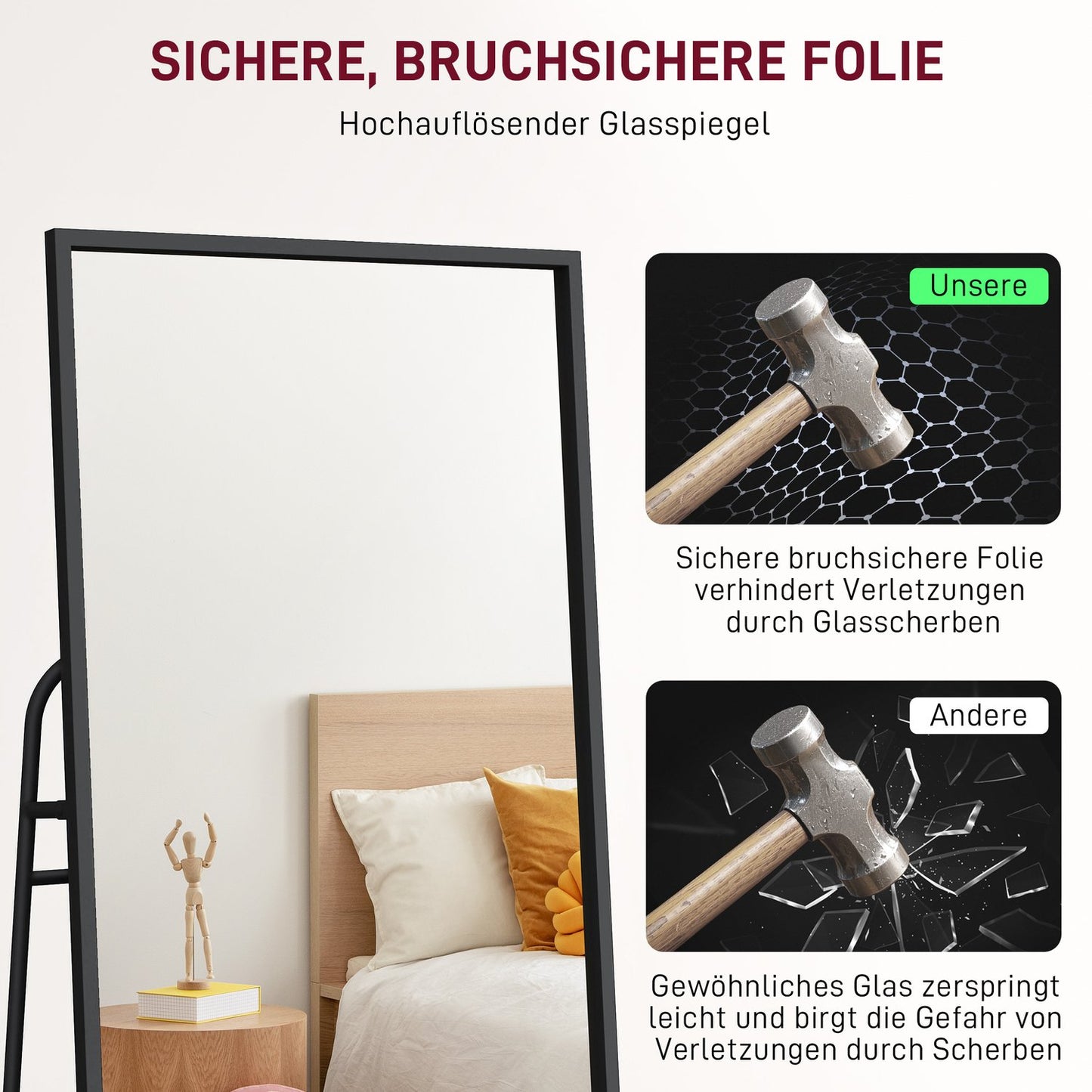 Full-Length Mirror with Shelf & Hooks, Black, 157x50 cm