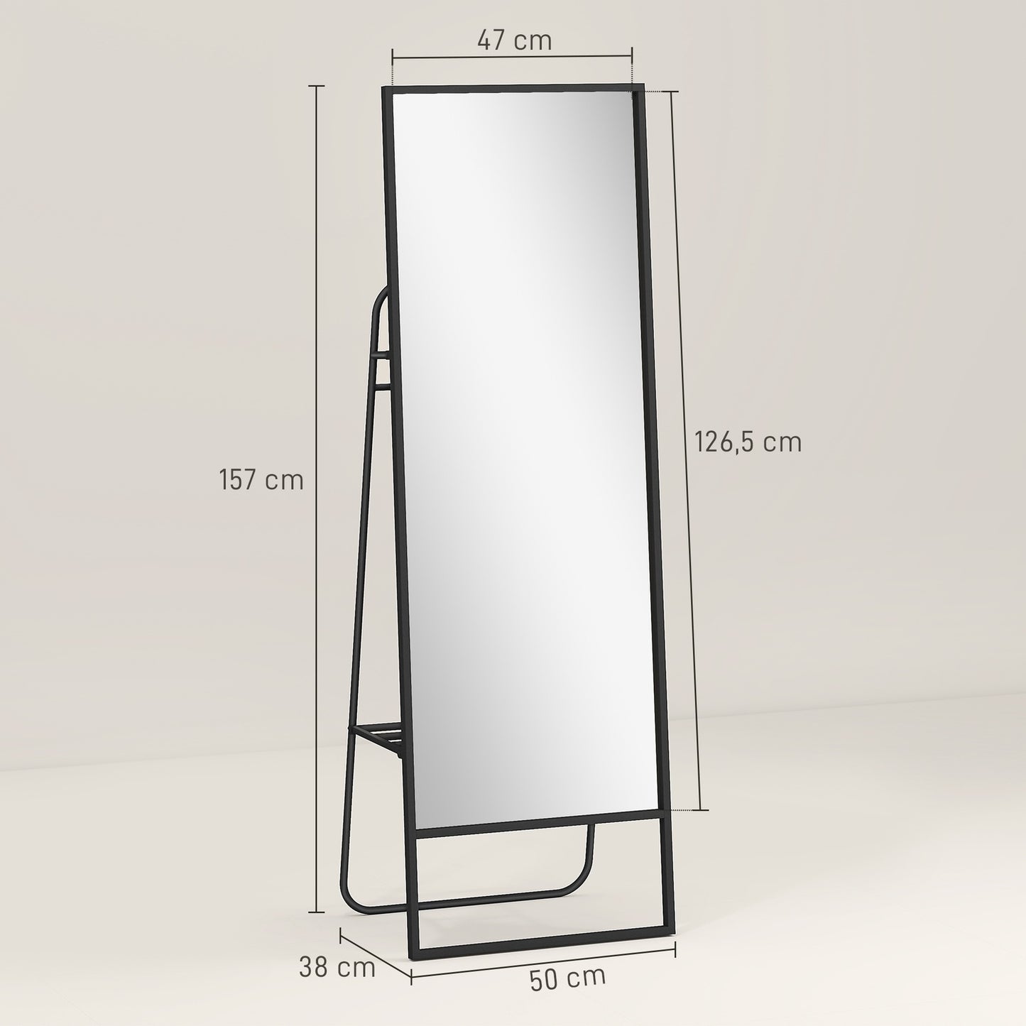 Full-Length Mirror with Shelf & Hooks, Black, 157x50 cm
