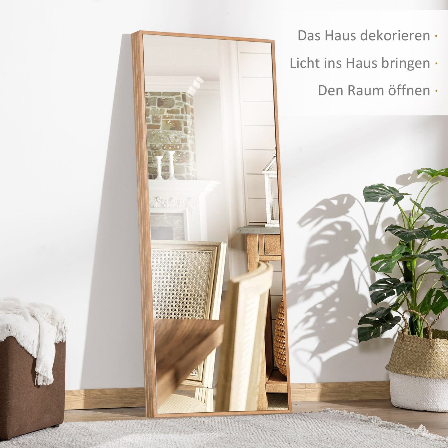 Wall mirror 125x45 cm - Wooden frame, natural finish