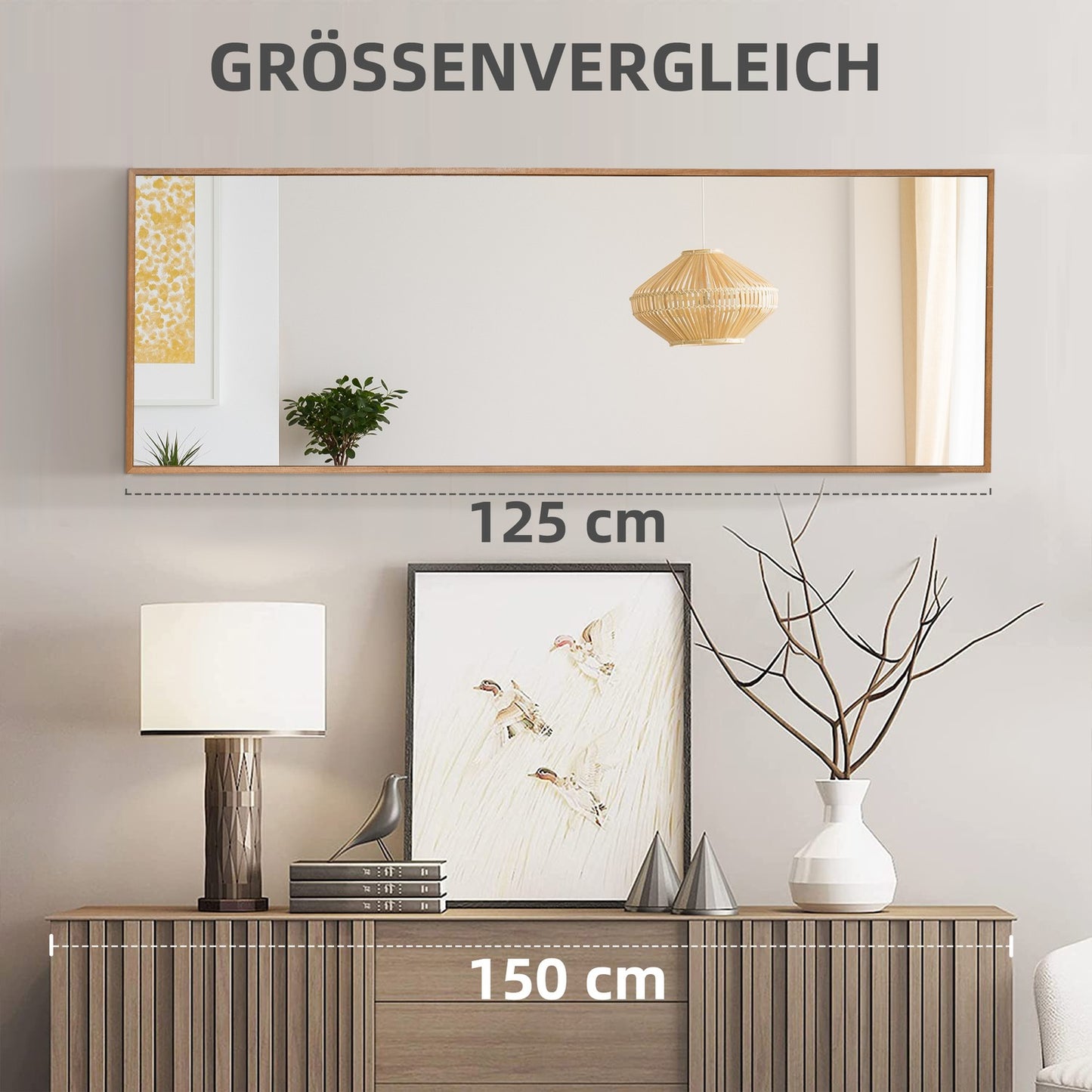 Wall mirror 125x45 cm - Wooden frame, natural finish