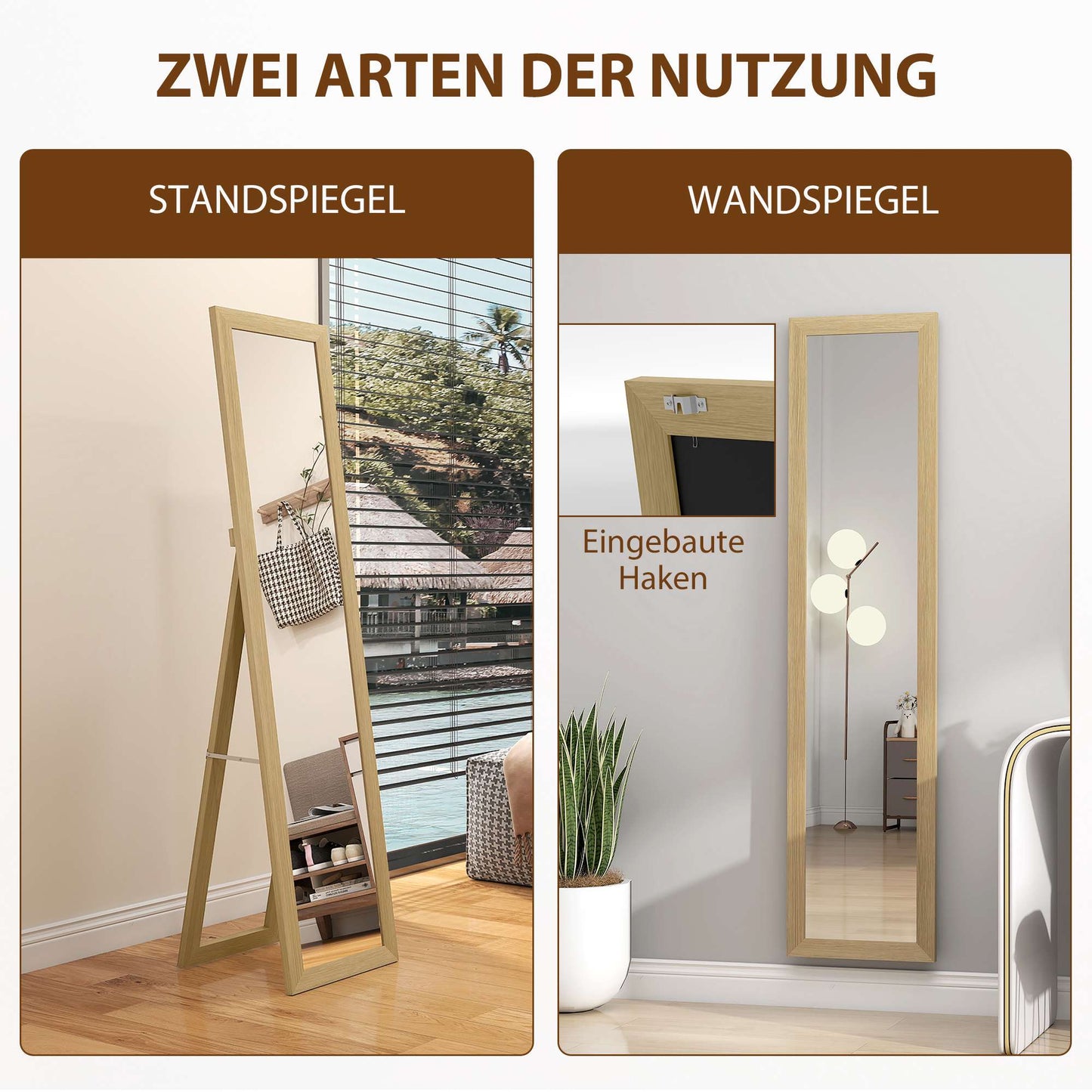 Full-Length Wall Mirror, Oak Frame, 37x40x155 cm