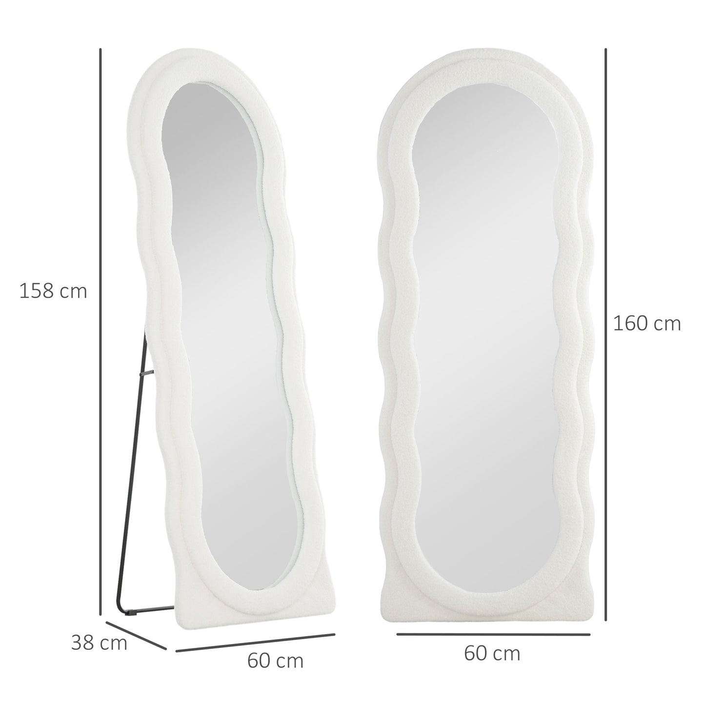 Full length mirror 160 x 60 cm Curved standing mirror with wave design Shatterproof glass White
