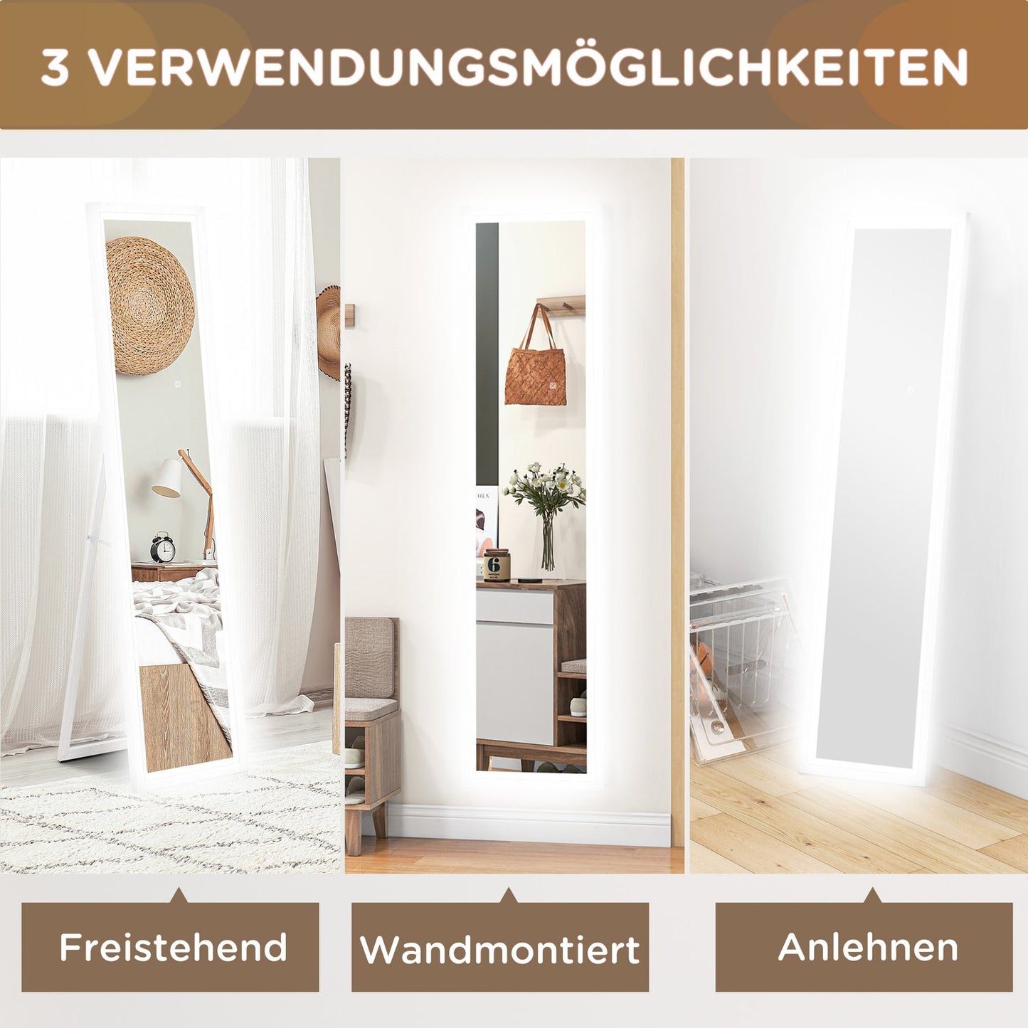 Full-length mirror with LED, Touch Control, White, 40 x 160 cm