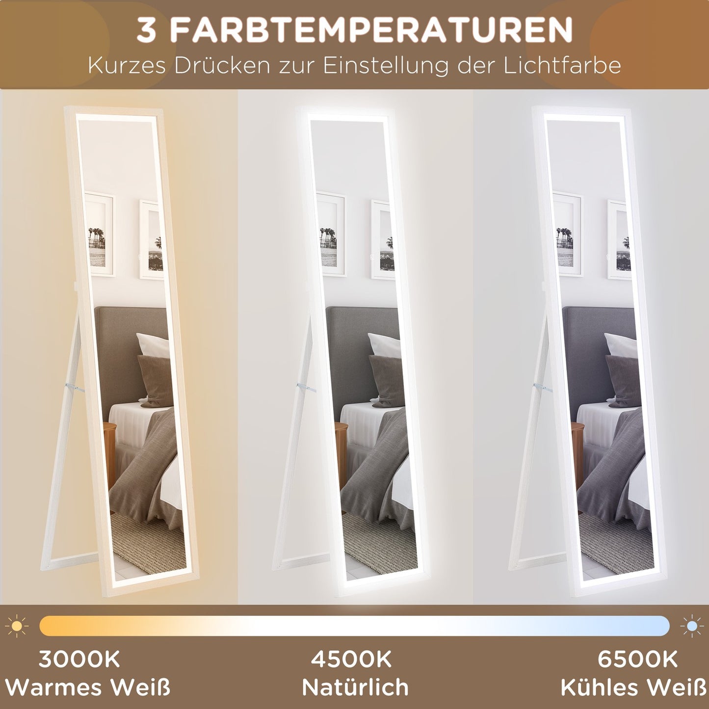 Full-length mirror with LED, Touch Control, White, 40 x 160 cm