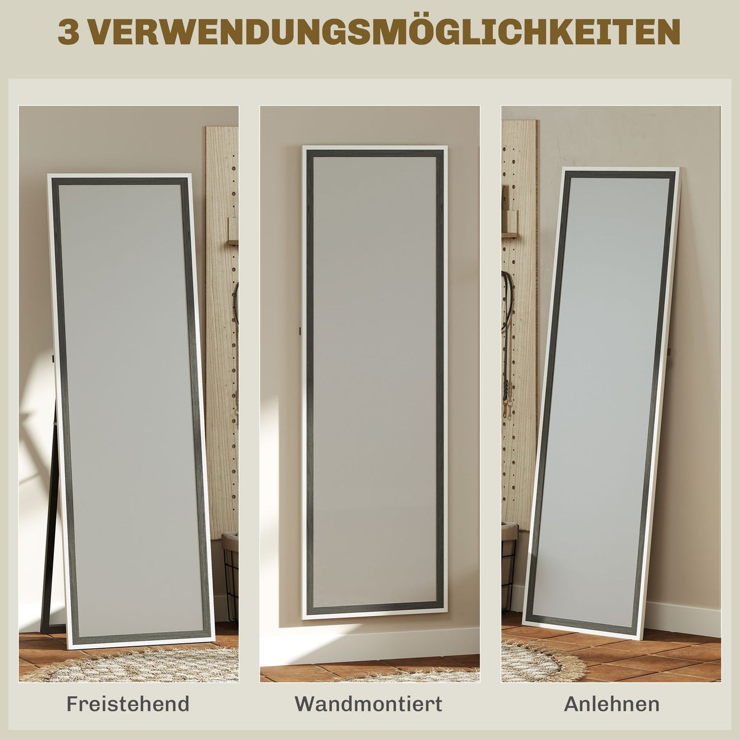 Full-length mirror, MDF frame, shatter-proof film, 162.6 x 53.3 cm, grey