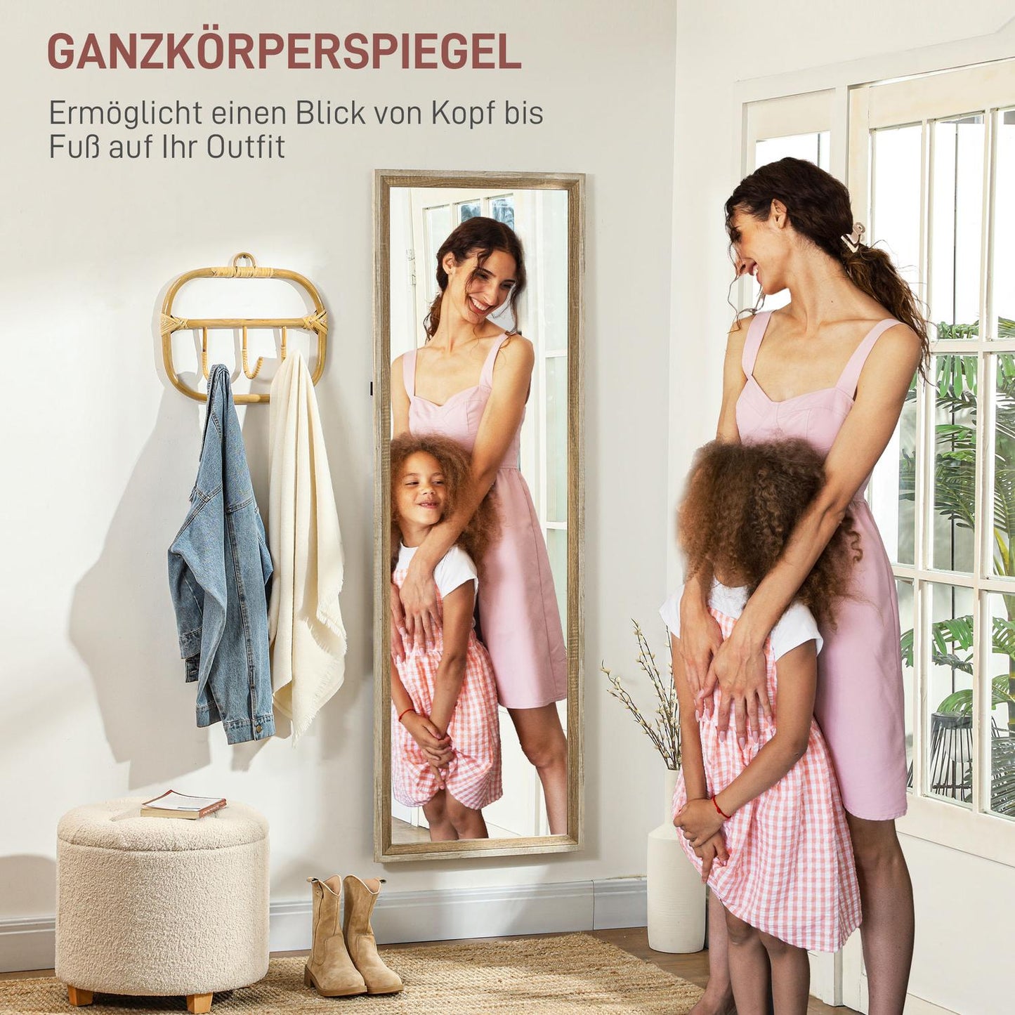 Full-length mirror, MDF frame, shatter-proof film, 162.6 x 53.3 cm, natural wood