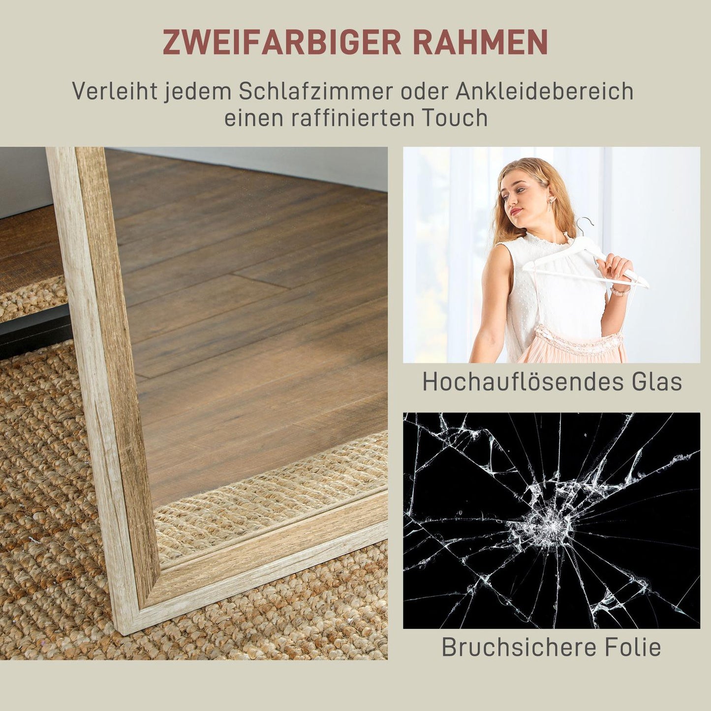 Full-length mirror, MDF frame, shatter-proof film, 162.6 x 53.3 cm, natural wood