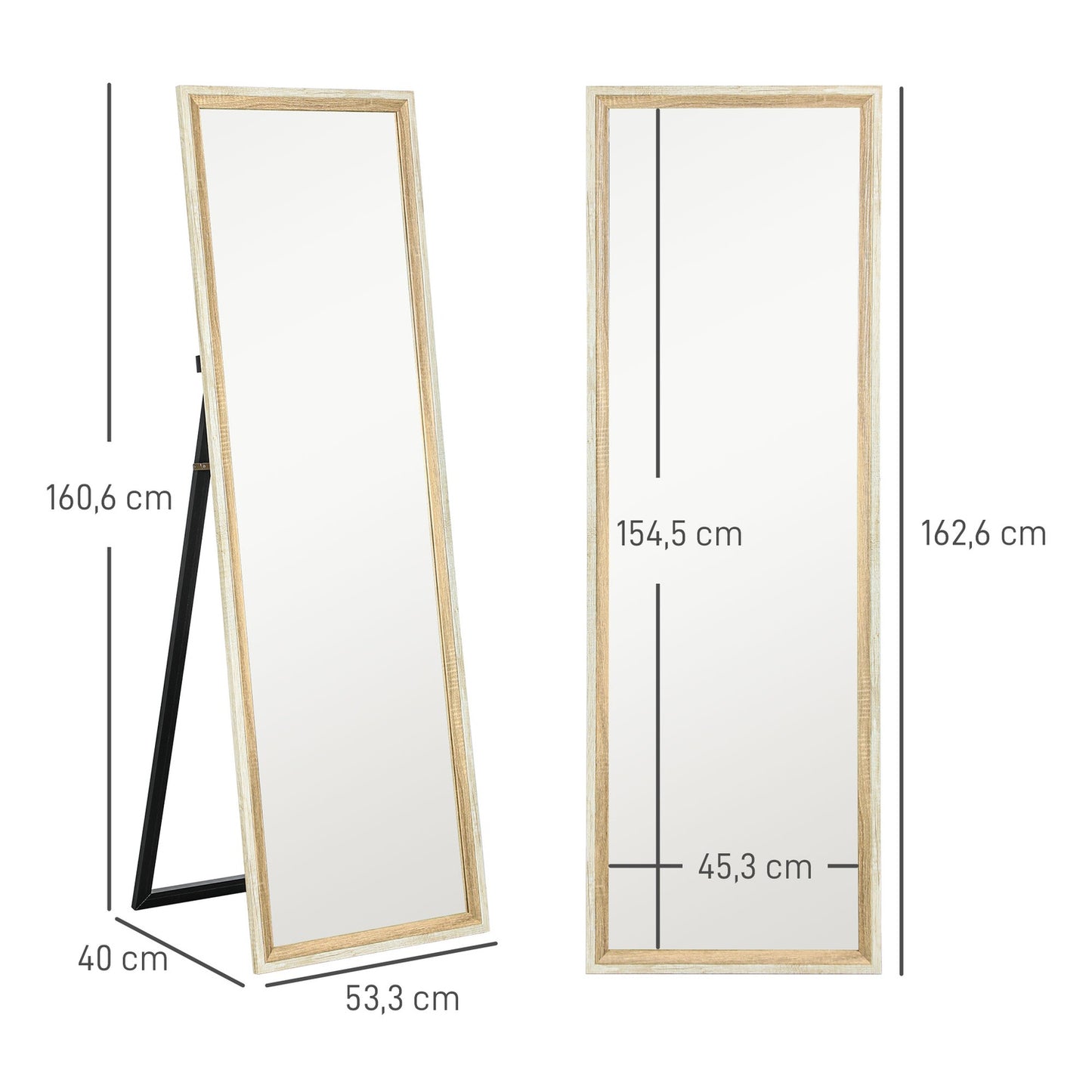 Full-length mirror, MDF frame, shatter-proof film, 162.6 x 53.3 cm, natural wood