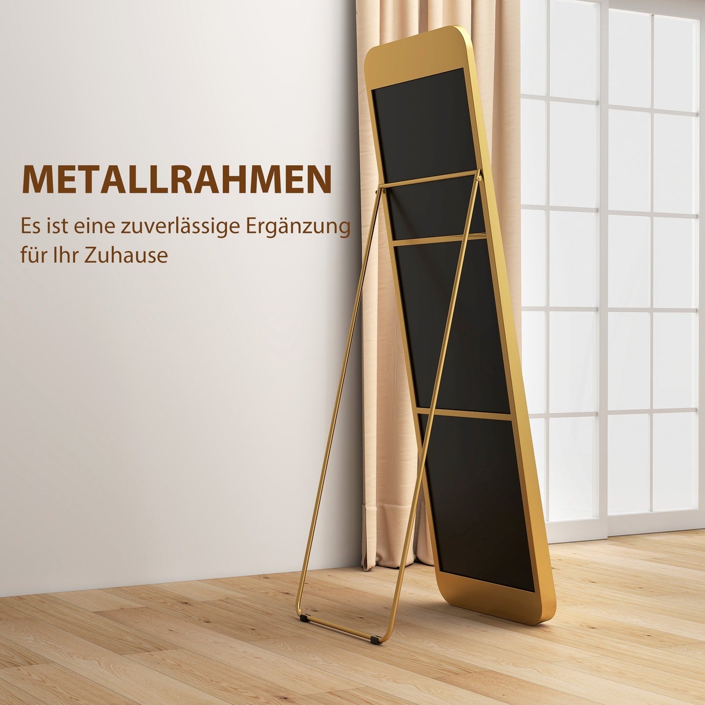 Full-length mirror, freestanding, tiltable, metal frame, MDF, 160 x 50 cm, gold-colored