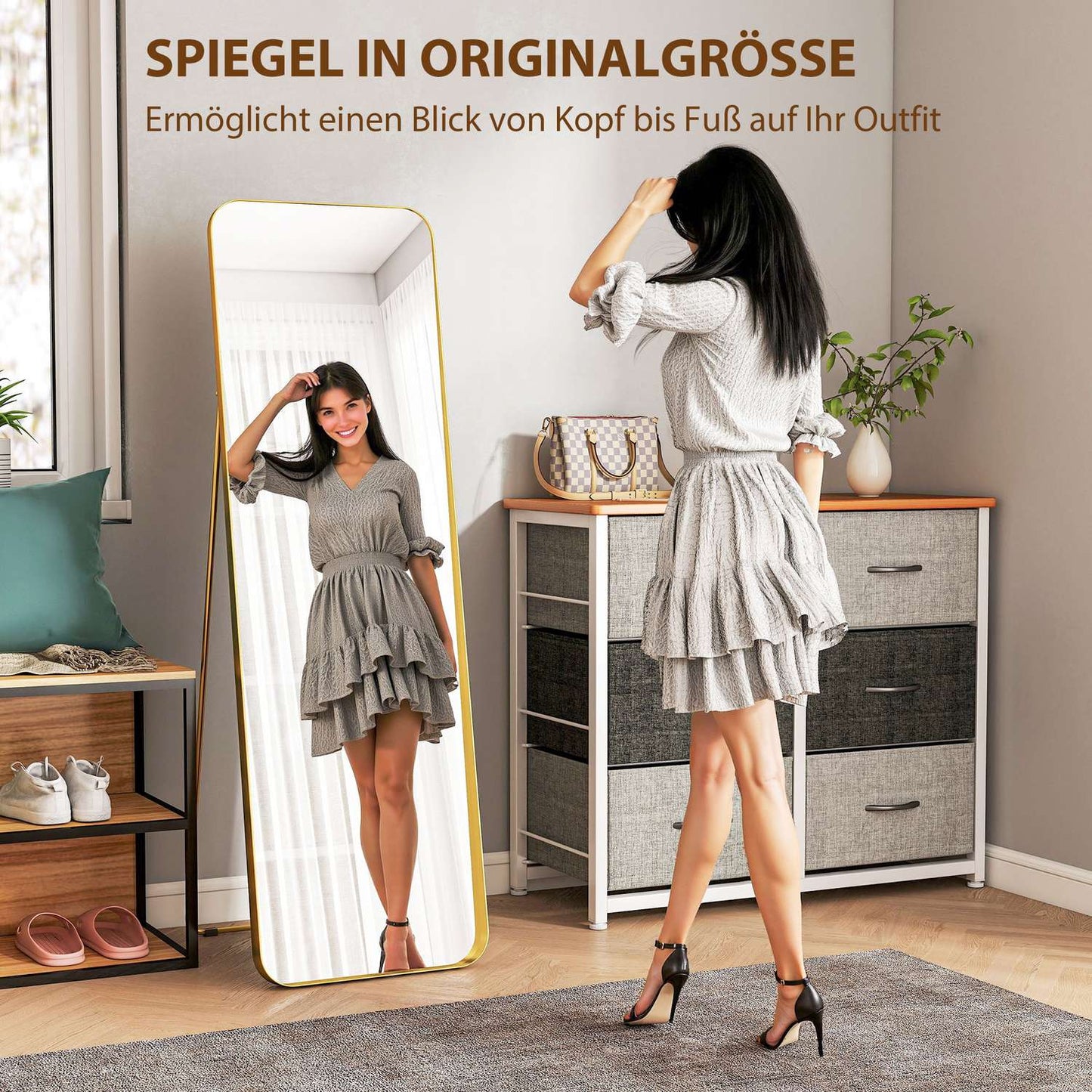 Full-length mirror, freestanding, tiltable, metal frame, MDF, 160 x 50 cm, gold-colored