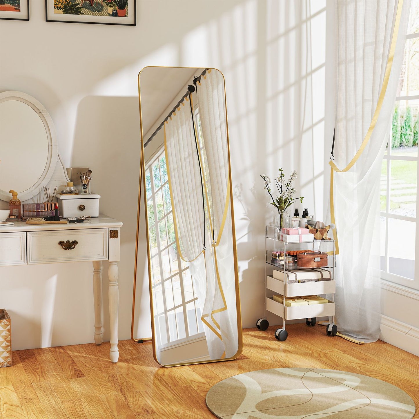 Full-length mirror, freestanding, tiltable, metal frame, MDF, 160 x 50 cm, gold-colored