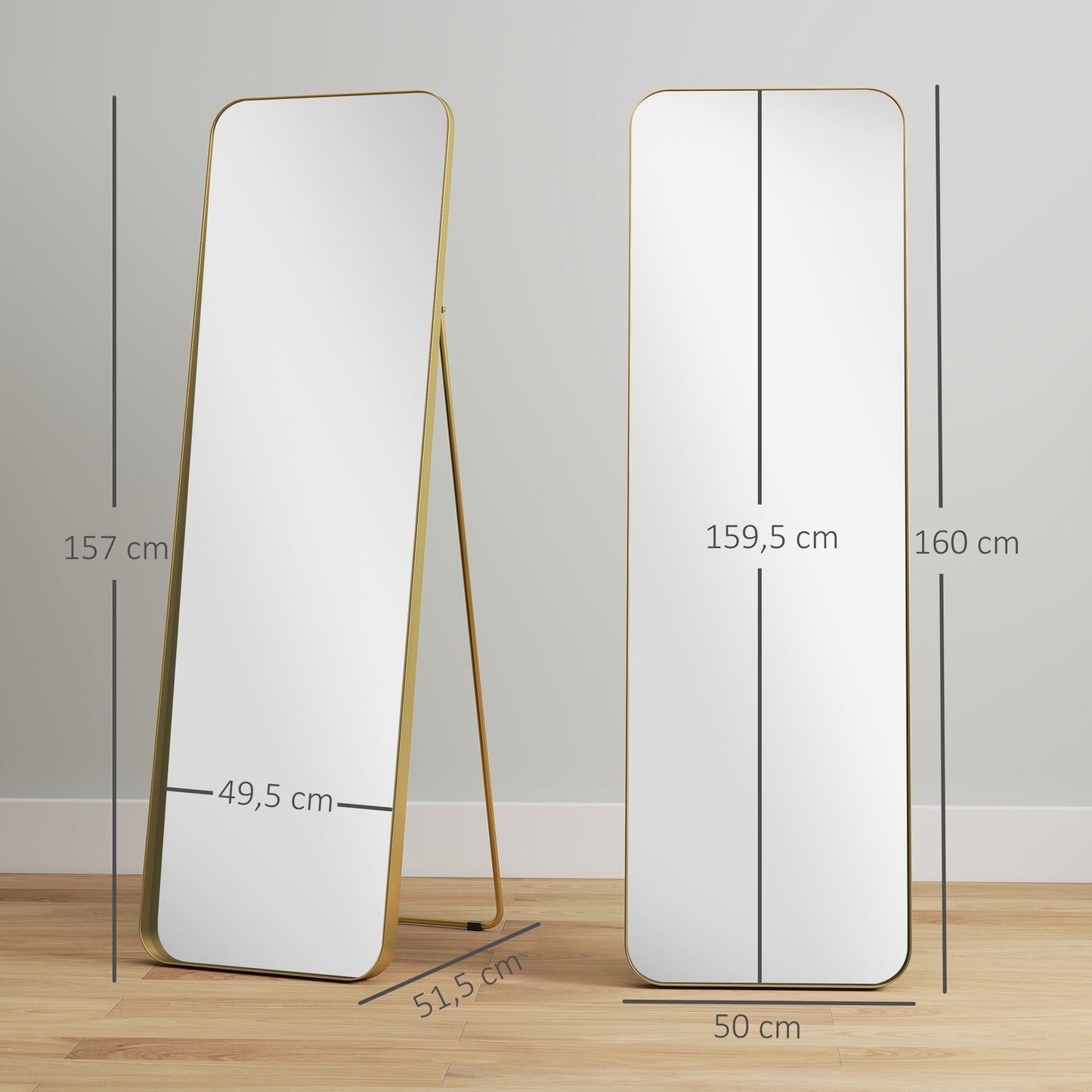 Full-length mirror, freestanding, tiltable, metal frame, MDF, 160 x 50 cm, gold-colored