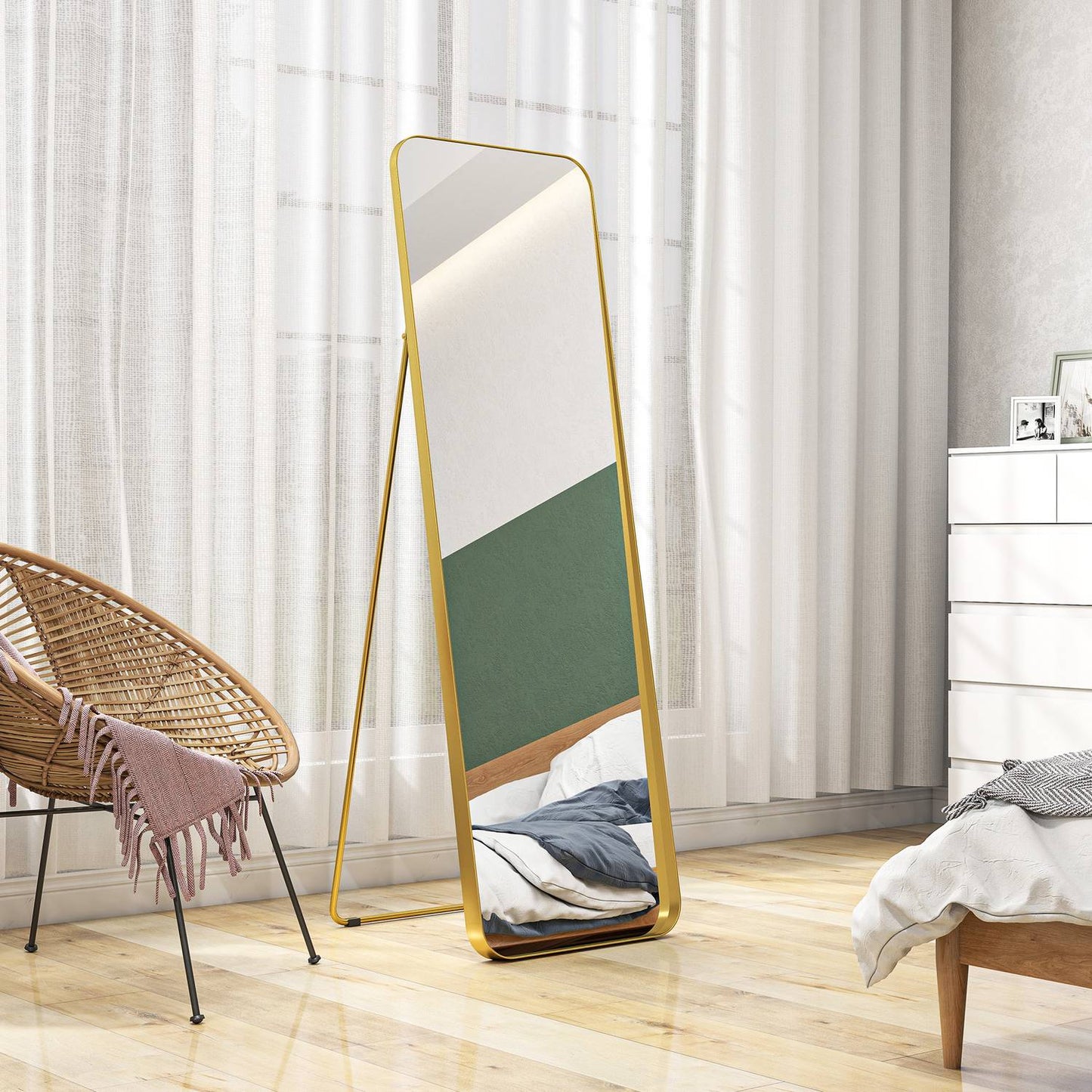 Full-length mirror, freestanding, tiltable, metal frame, MDF, 160 x 50 cm, gold-colored