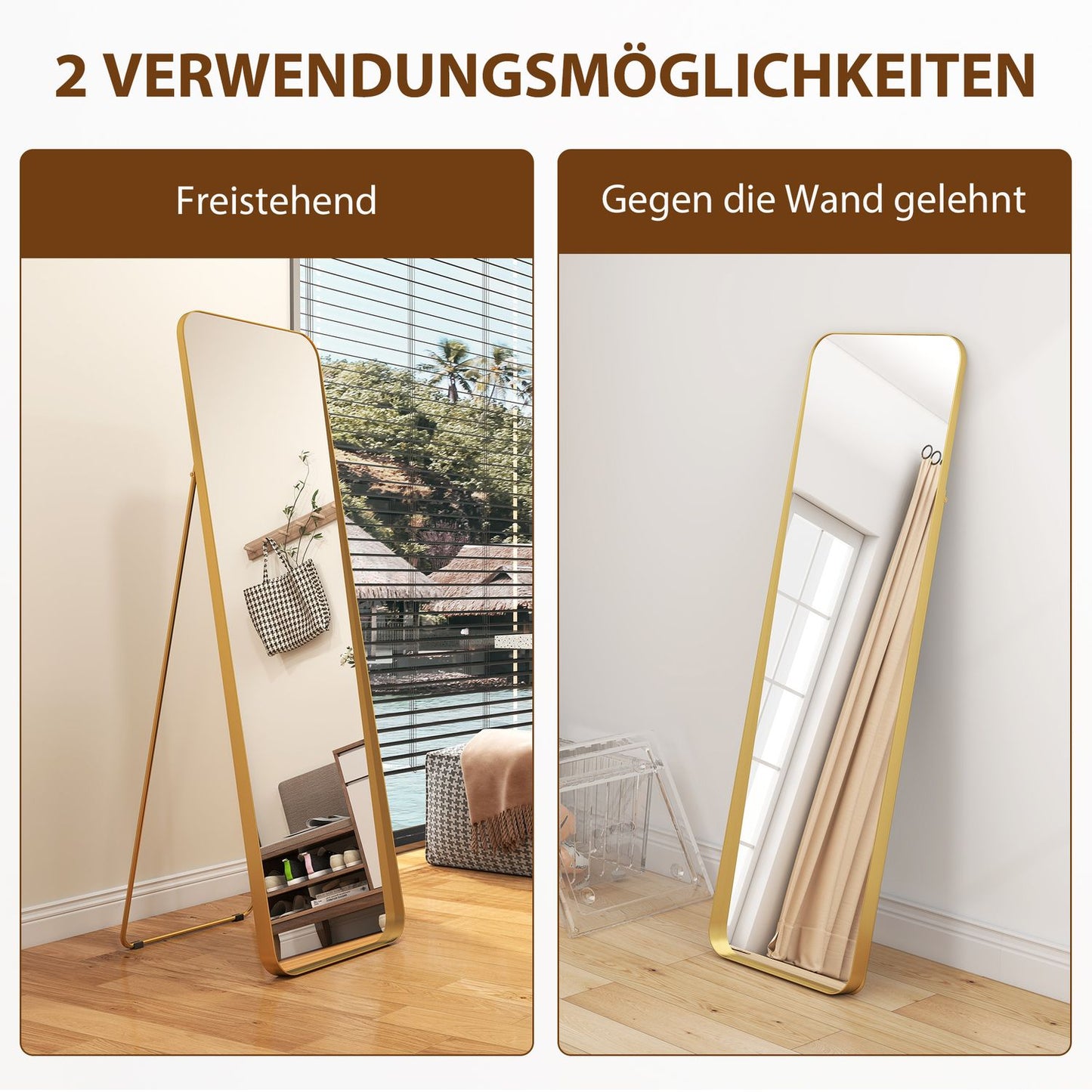 Full-length mirror, freestanding, tiltable, metal frame, MDF, 160 x 50 cm, gold-colored