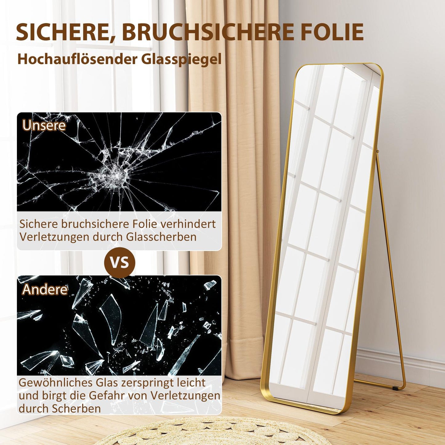 Full-length mirror, freestanding, tiltable, metal frame, MDF, 160 x 50 cm, gold-colored