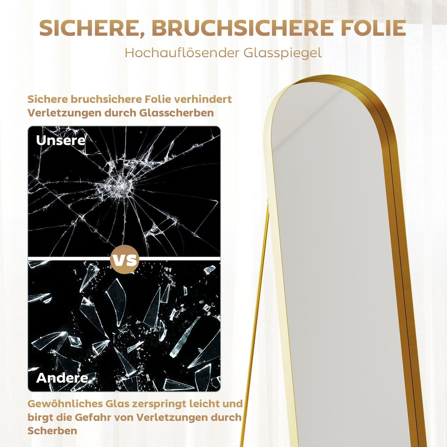 Full-length mirror with metal frame, 160 x 50 cm, gold-colored frame, for living room, bedroom
