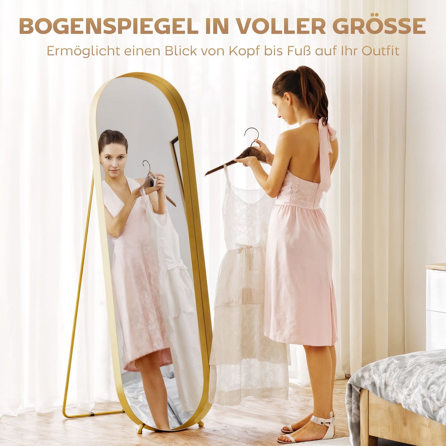 Full-length mirror with metal frame, 160 x 50 cm, gold-colored frame, for living room, bedroom