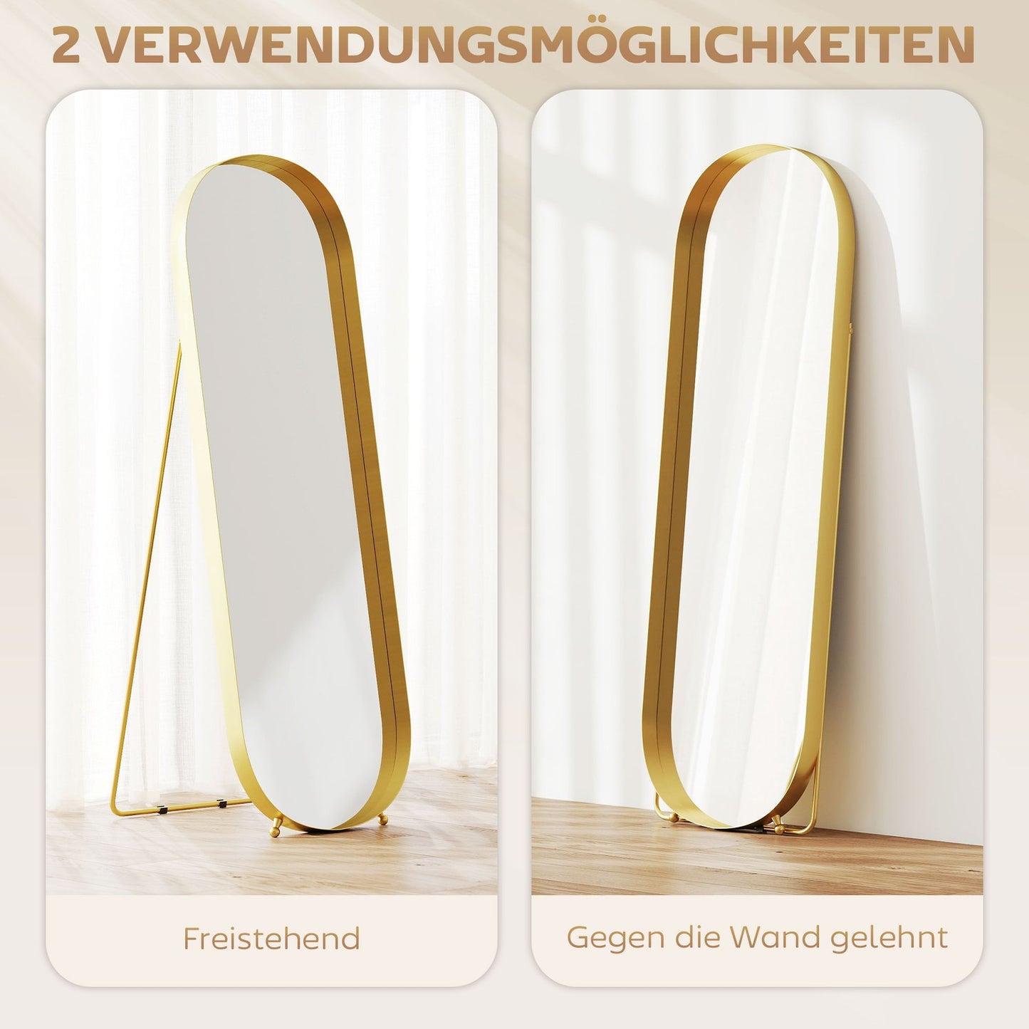 Full-length mirror with metal frame, 160 x 50 cm, gold-colored frame, for living room, bedroom