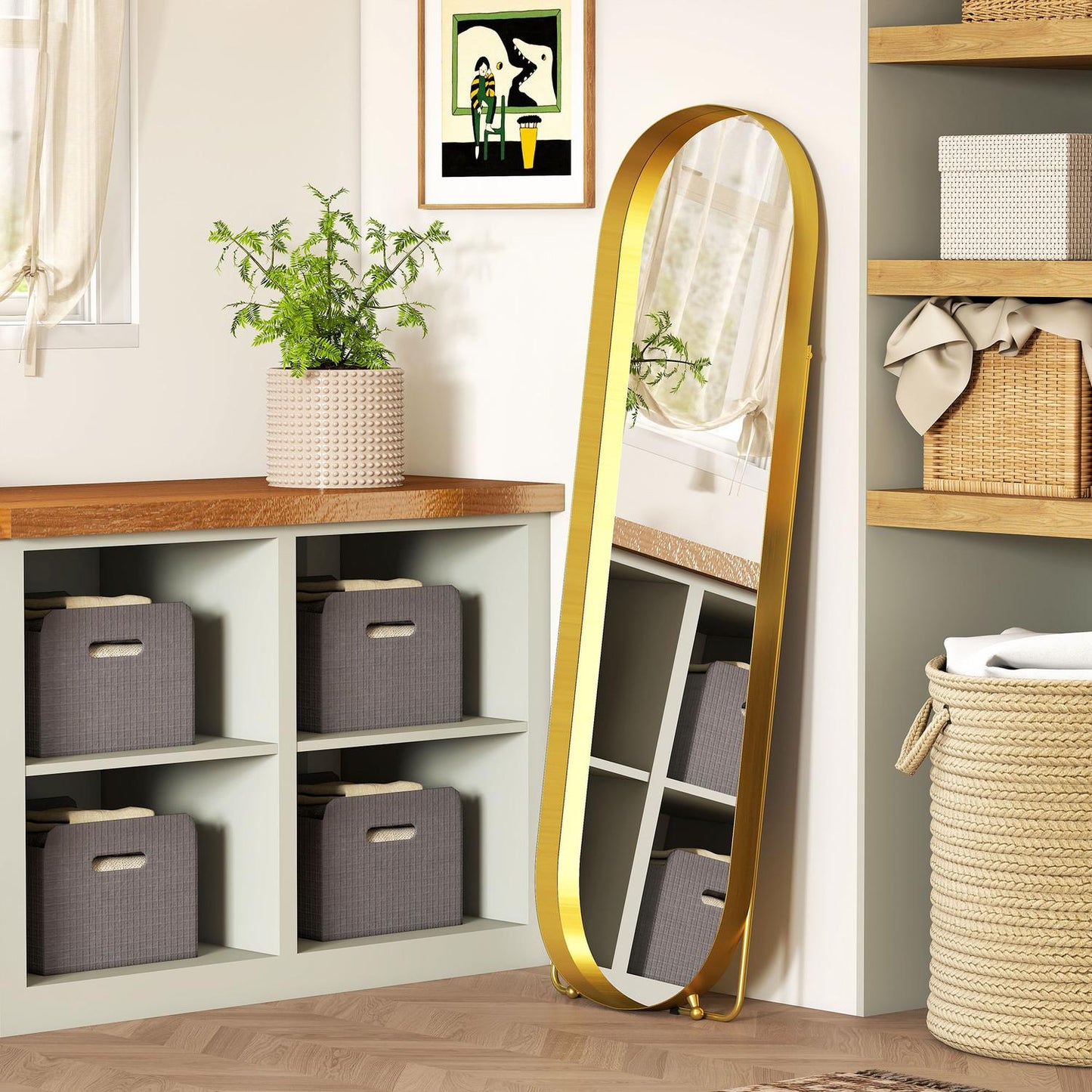 Full-length mirror with metal frame, 160 x 50 cm, gold-colored frame, for living room, bedroom