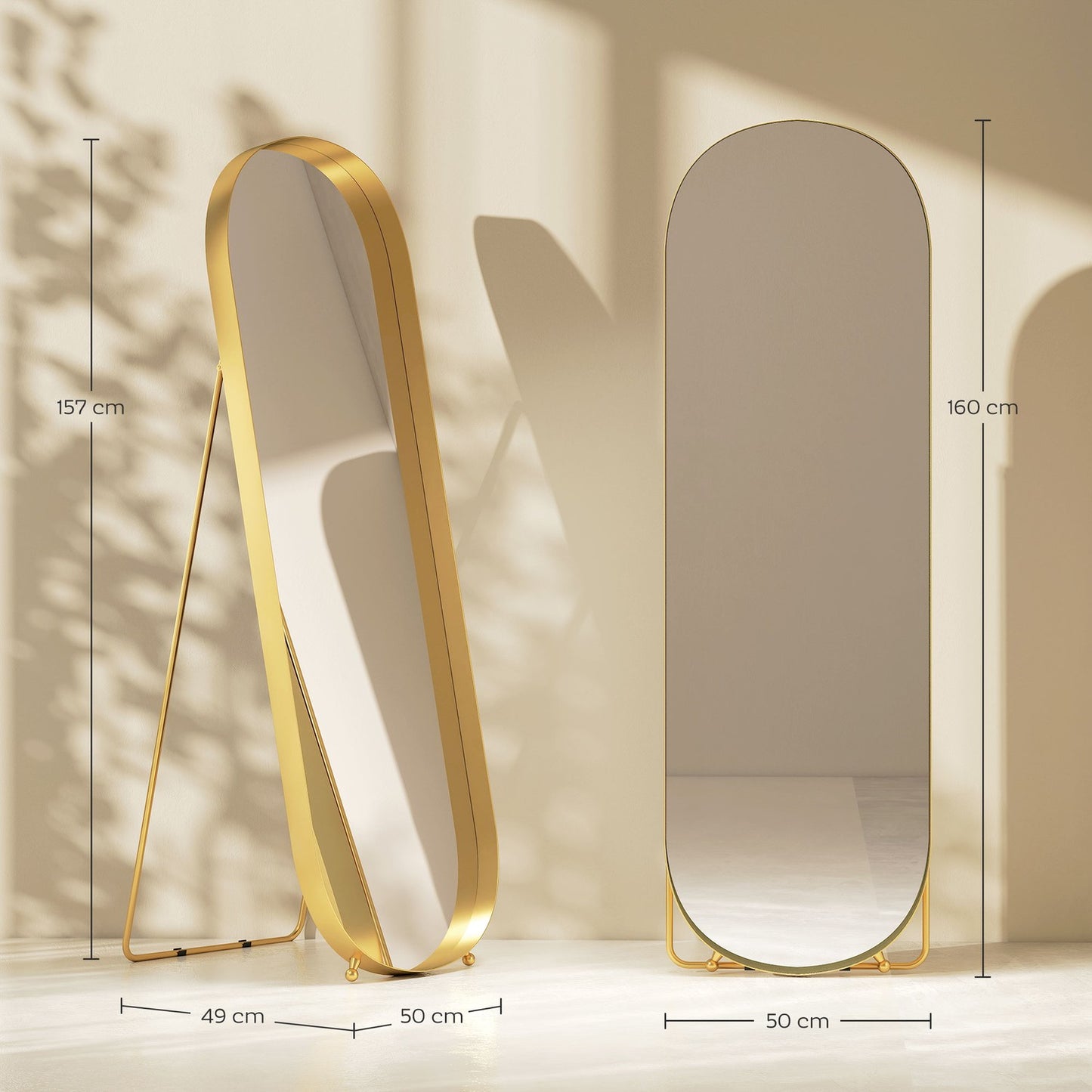Full-length mirror with metal frame, 160 x 50 cm, gold-colored frame, for living room, bedroom