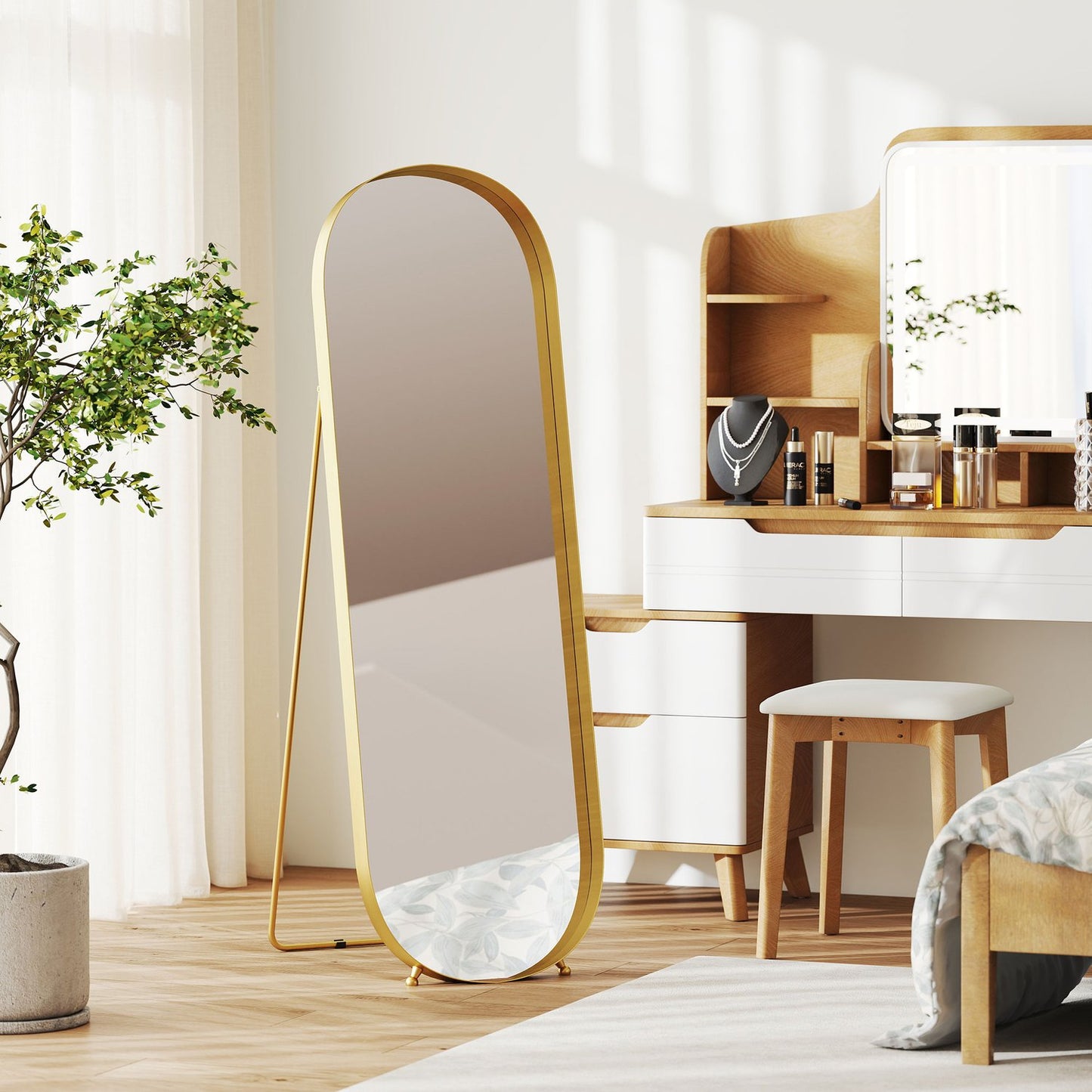 Full-length mirror with metal frame, 160 x 50 cm, gold-colored frame, for living room, bedroom