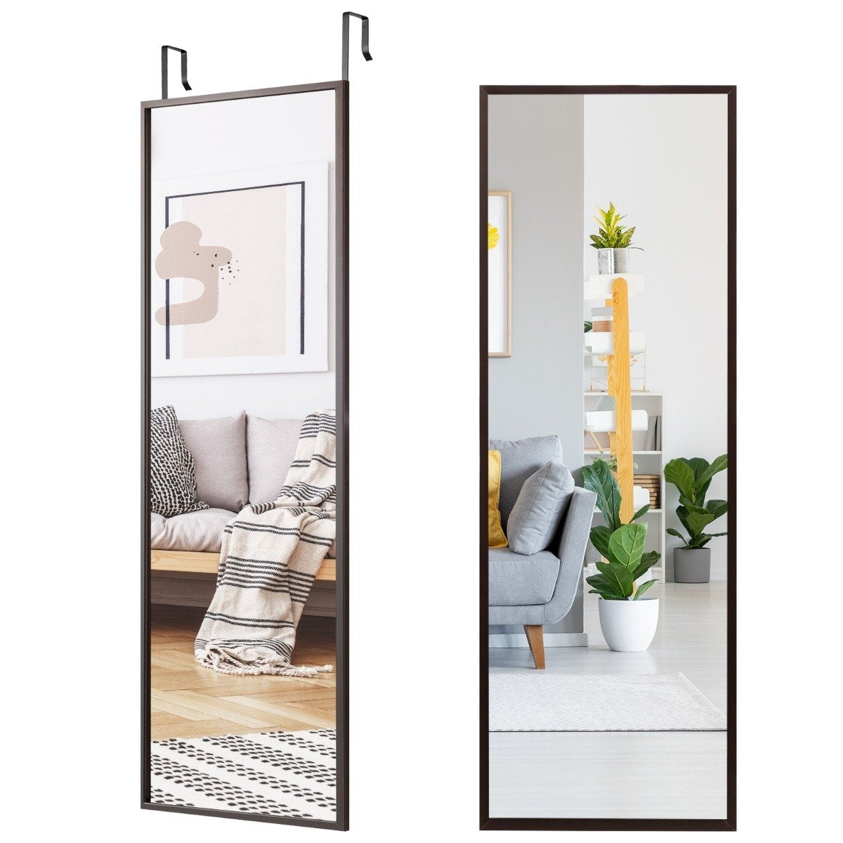 Full-length wall mirror with height-adjustable hanging hooks 36.5 x 1.5 x 107 cm brown