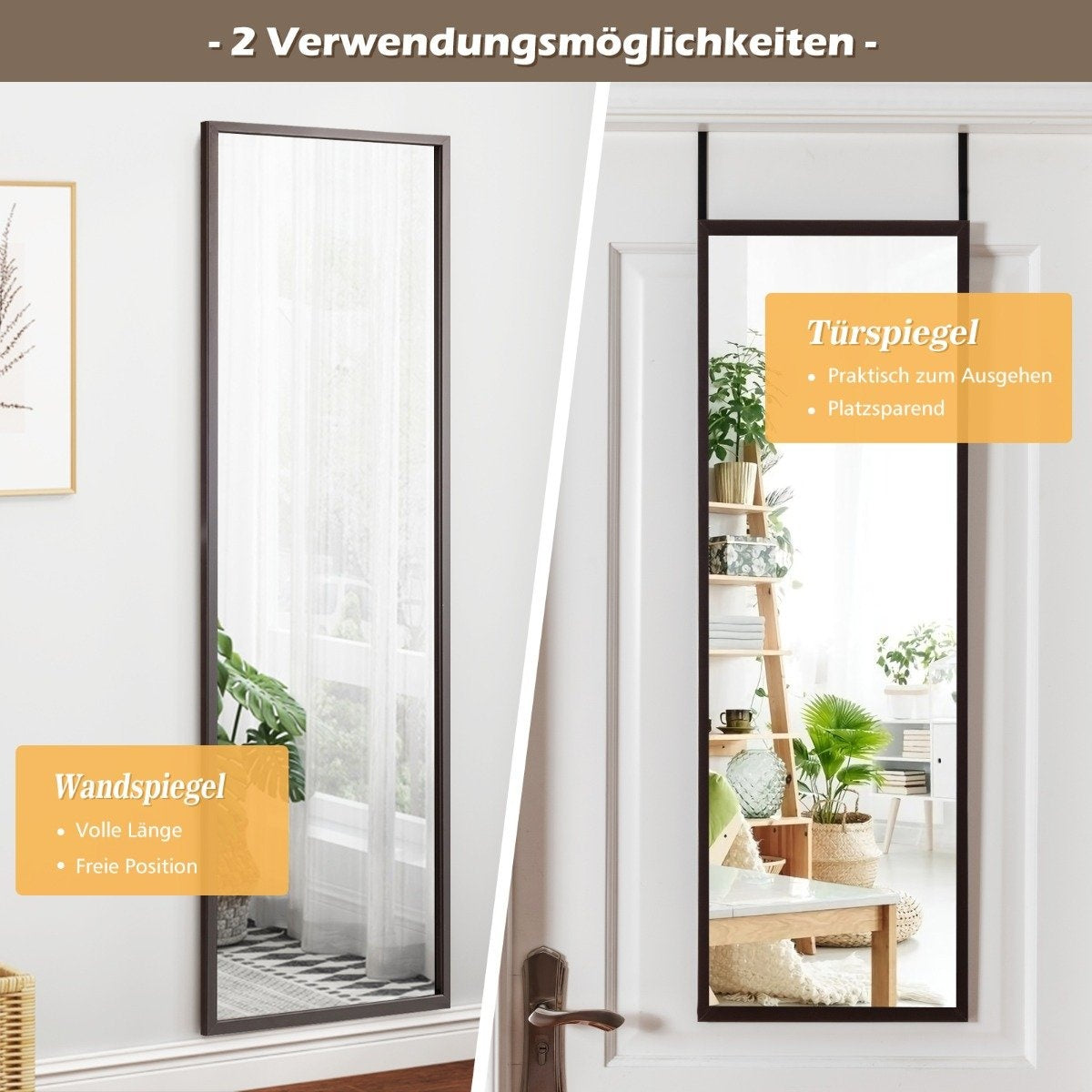 Full-length wall mirror with height-adjustable hanging hooks 36.5 x 1.5 x 107 cm brown