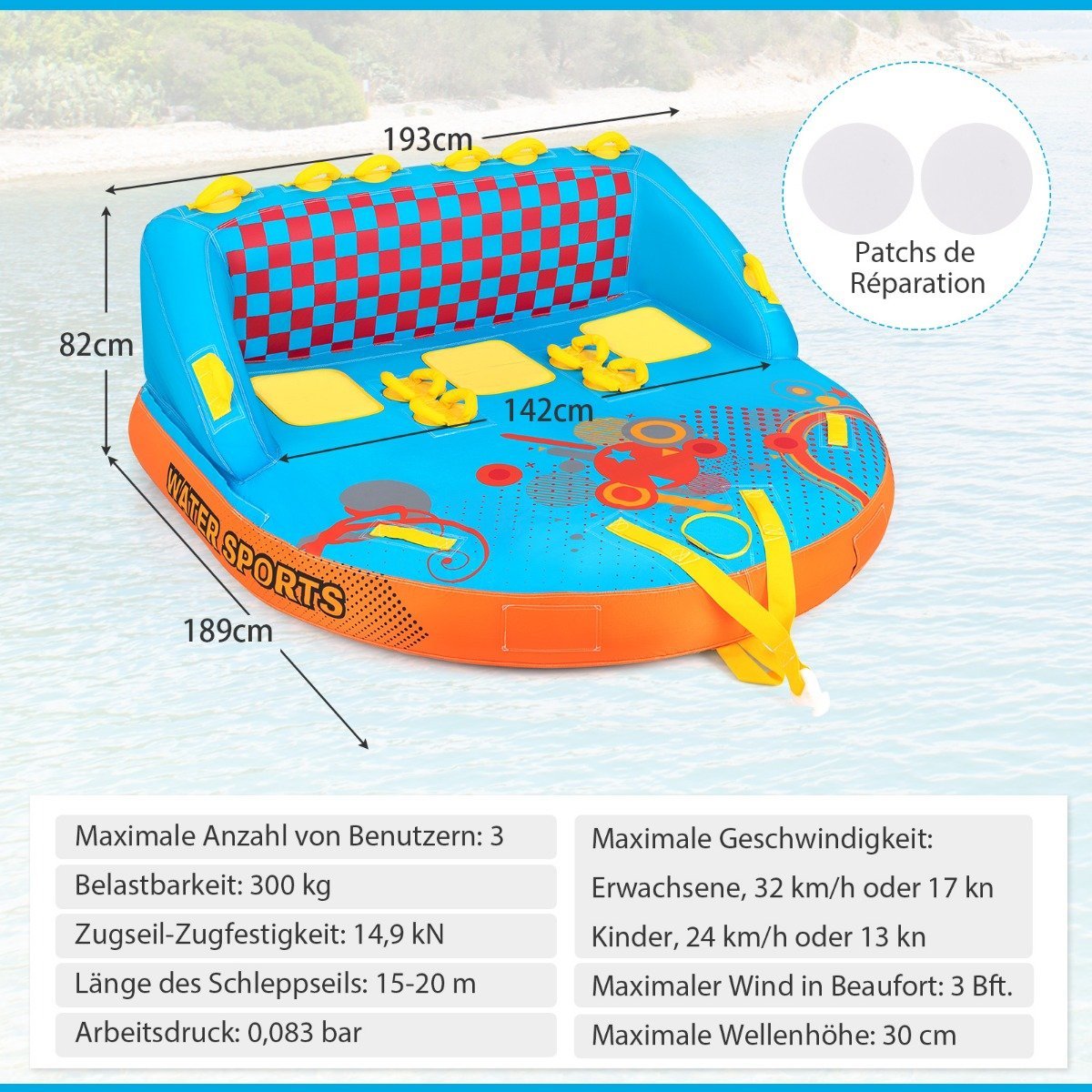 Funtube for 3 people Towable tube for sitting and kneeling Formula tube for boat