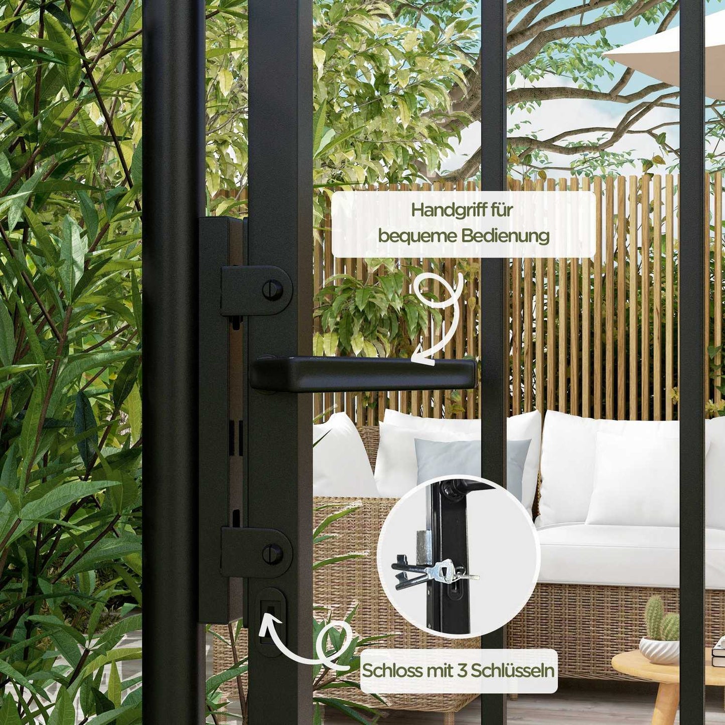 Garden gate in black galvanized steel with lock and handle, 107x204 cm