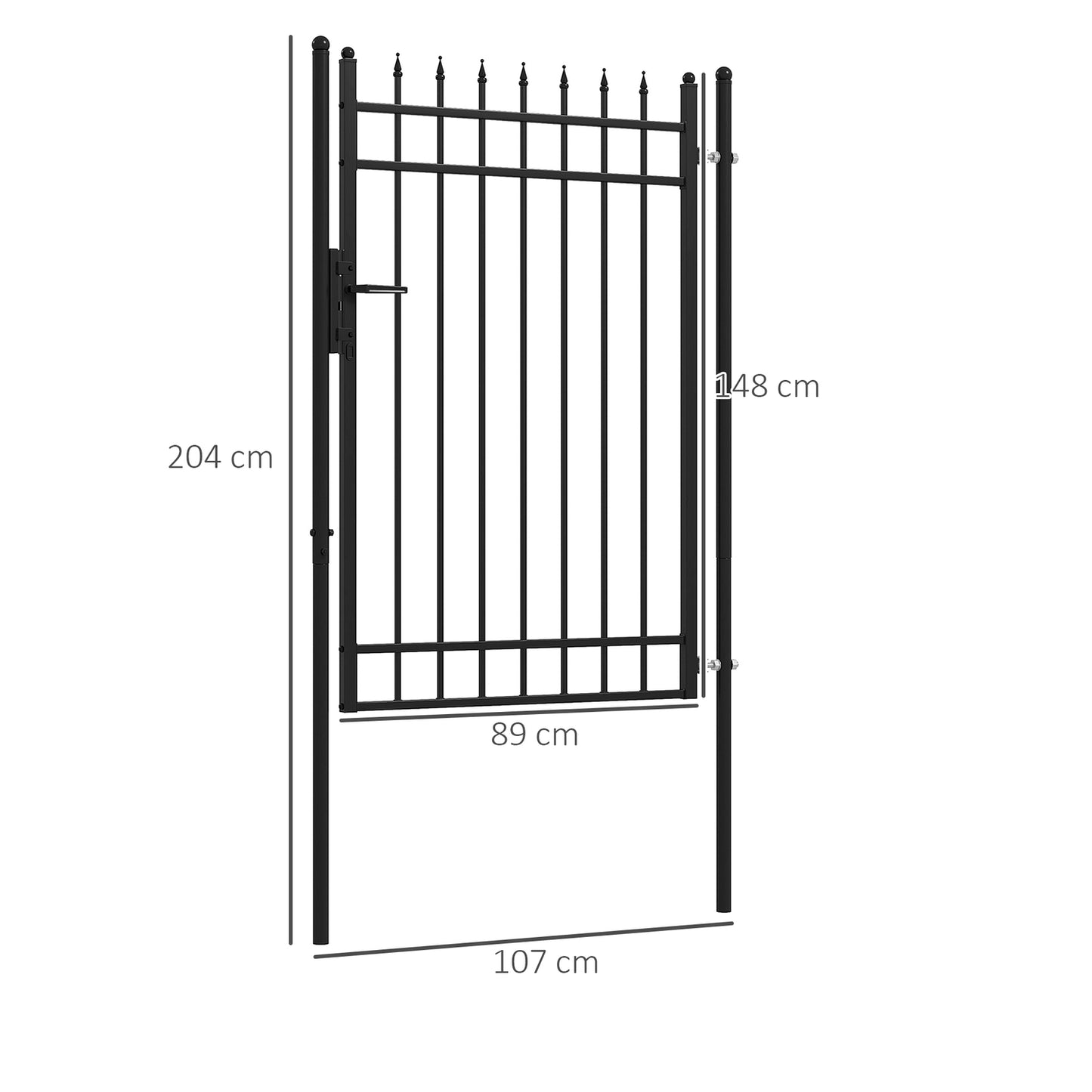 Garden gate in black galvanized steel with lock and handle, 107x204 cm