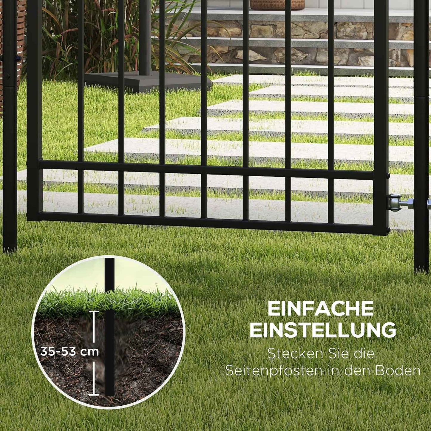 Garden gate in black galvanized steel with lock and handle, 107x204 cm