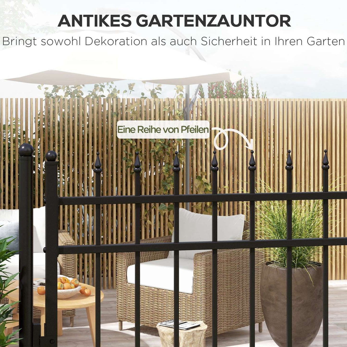 Garden gate in black galvanized steel with lock and handle, 107x204 cm