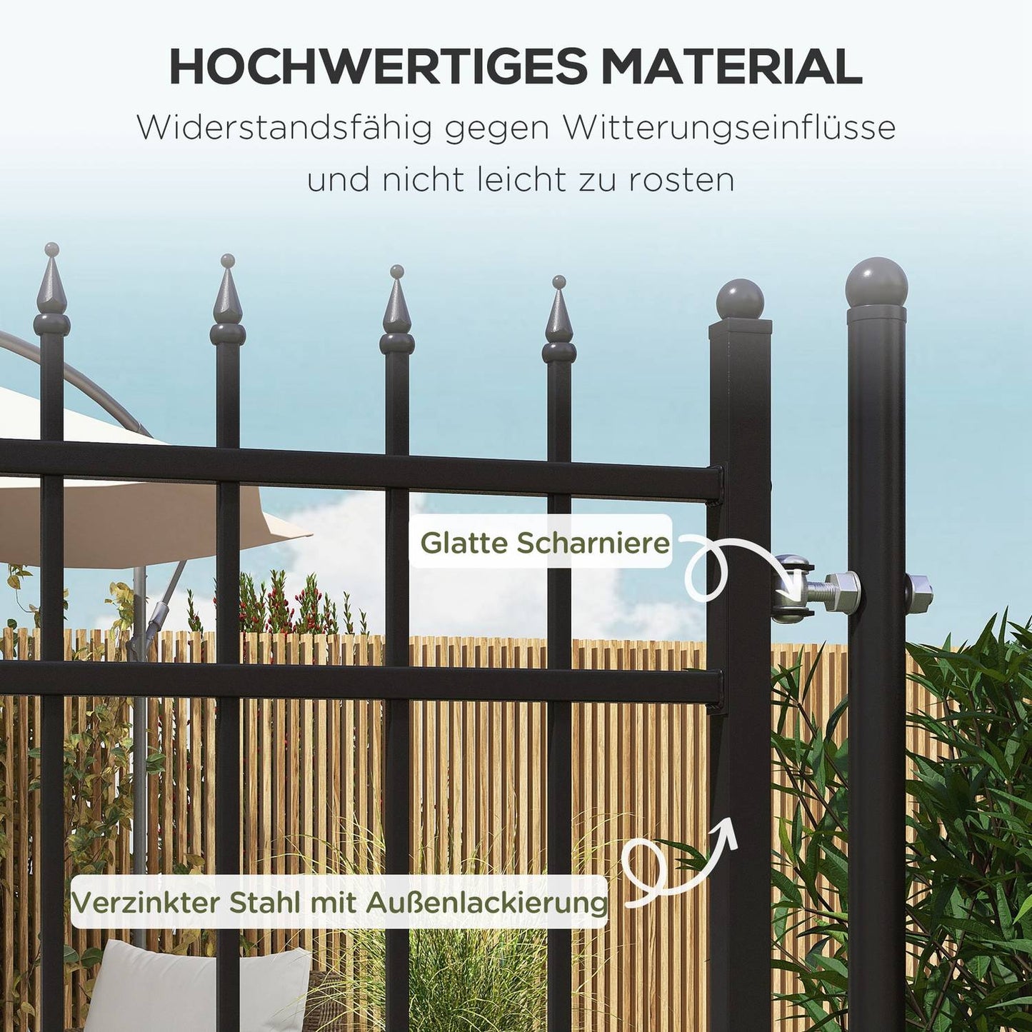 Garden gate in black galvanized steel with lock and handle, 107x204 cm
