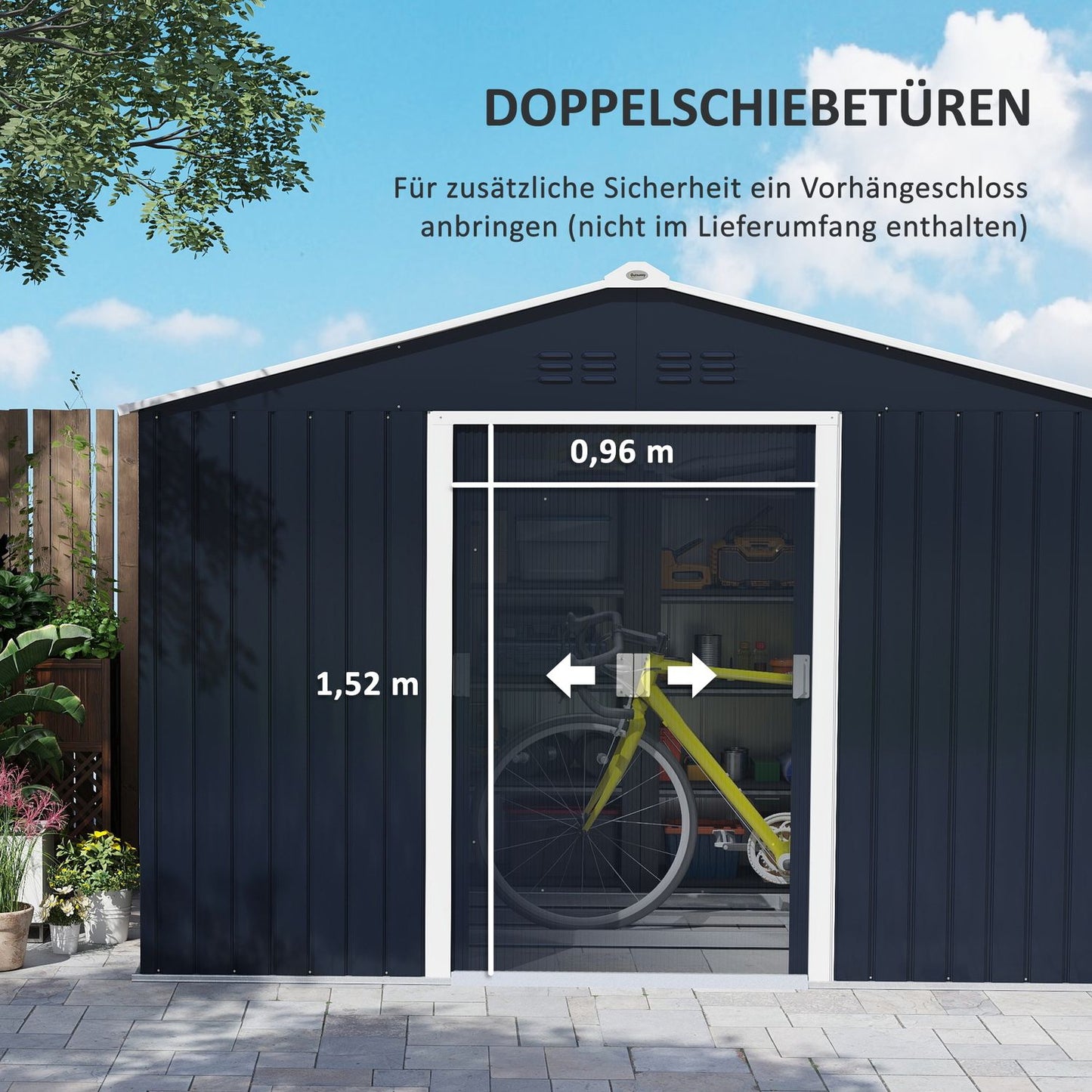 Galvanized steel garden shed, 4.9 m², weatherproof and lockable
