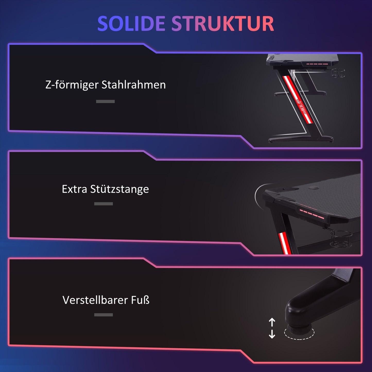 Gaming table with LED, cup holder & headphone hook, Black