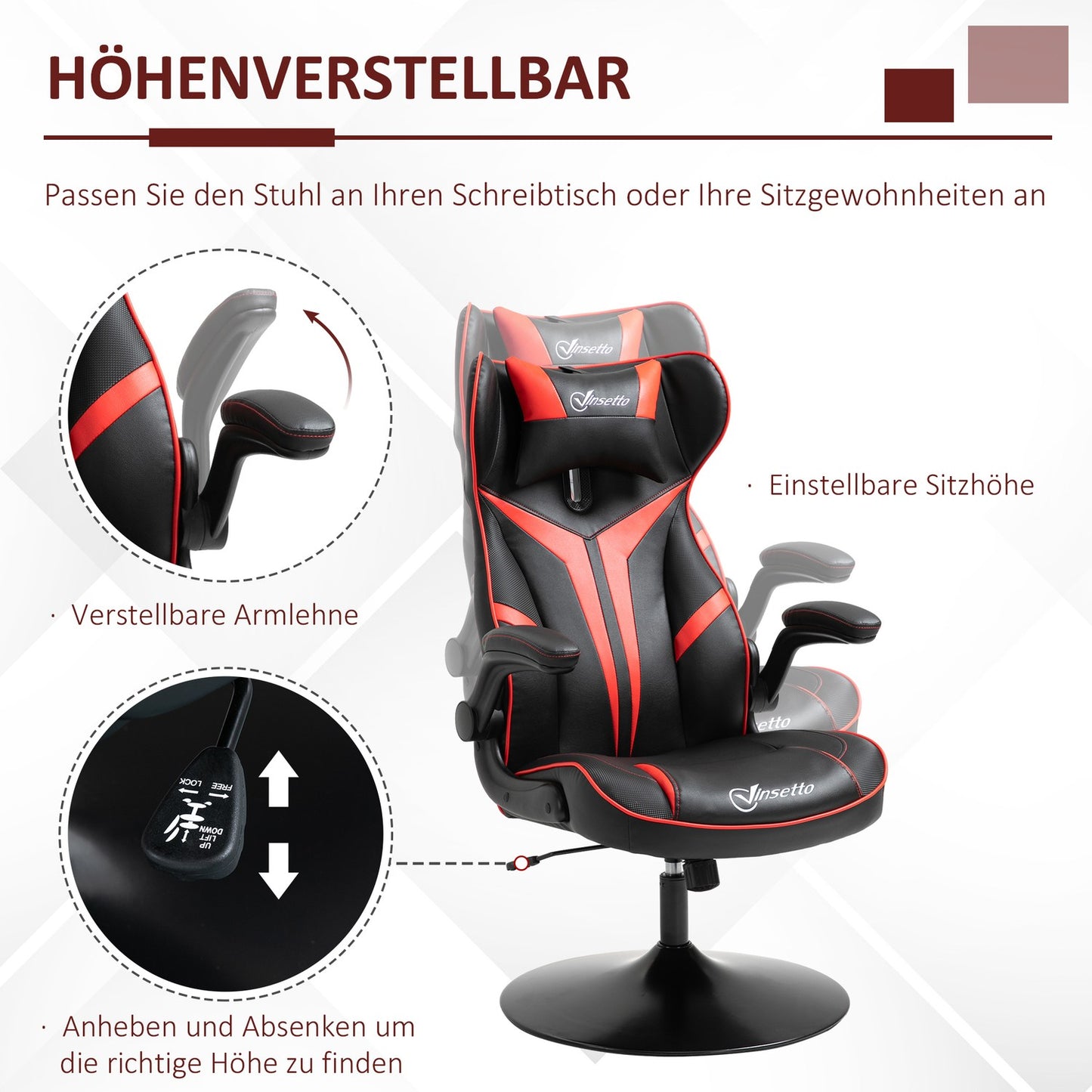Ergonomic gaming chair with rocker, black & red steel