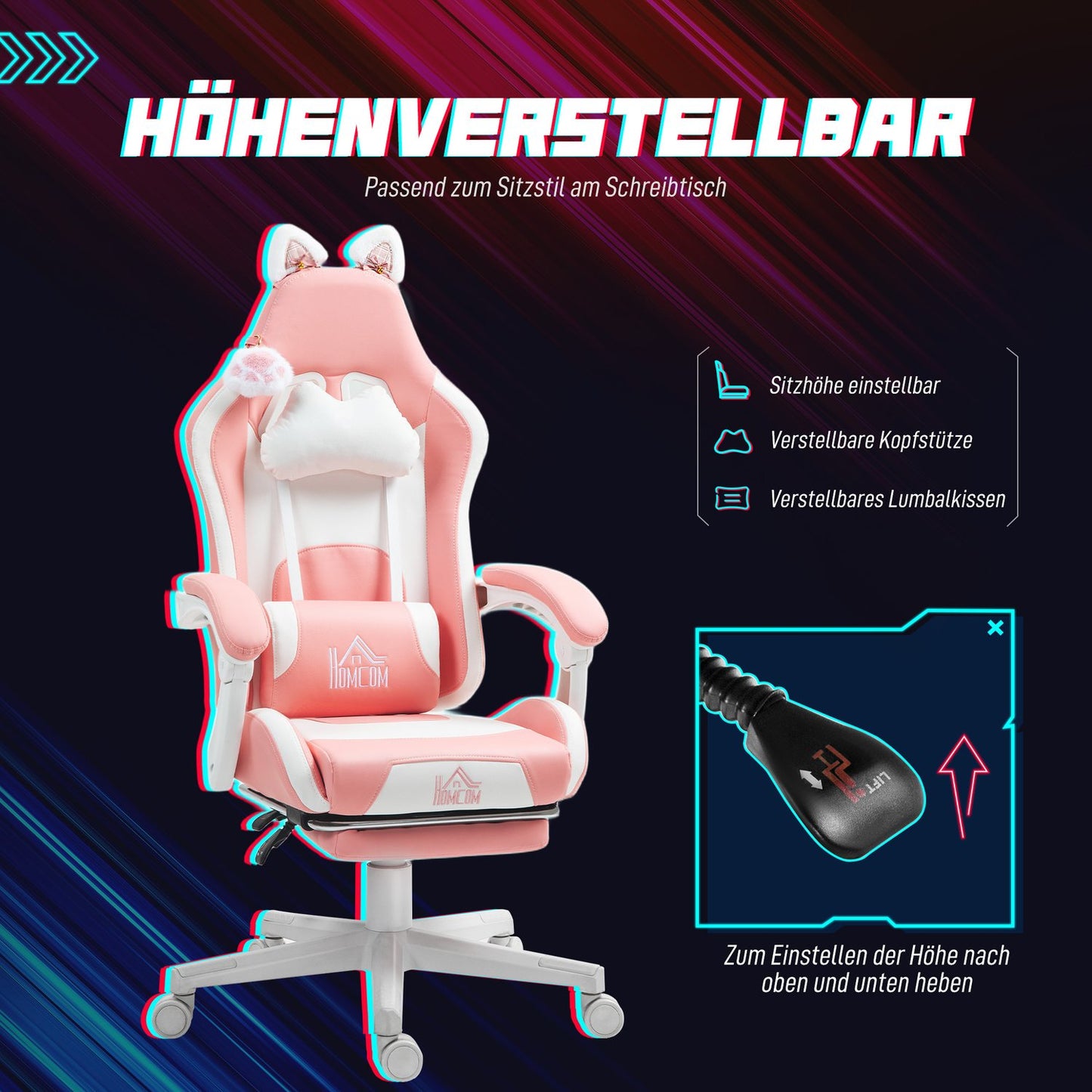 Ergonomic pink gaming chair with lumbar support and footrest