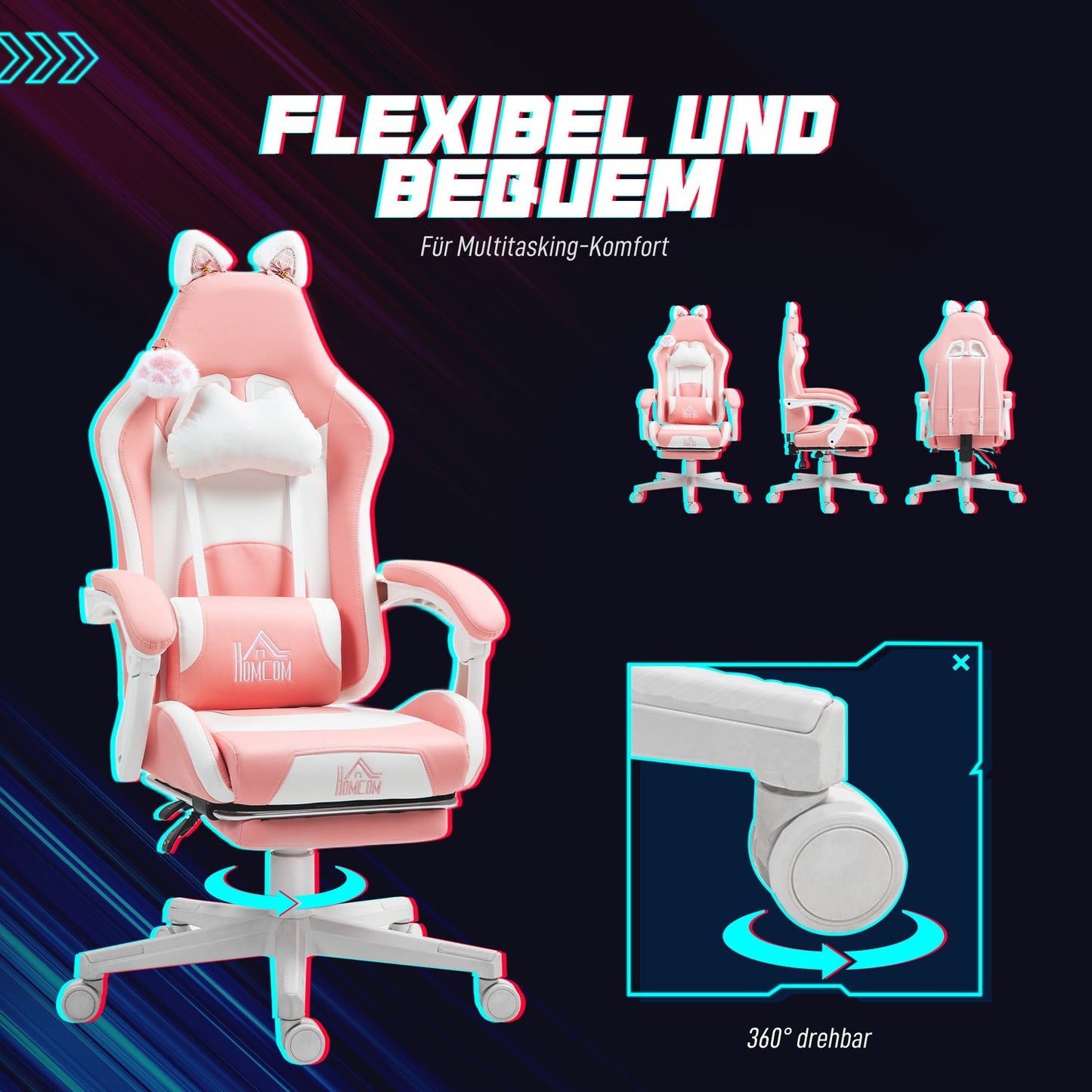 Ergonomic pink gaming chair with lumbar support and footrest