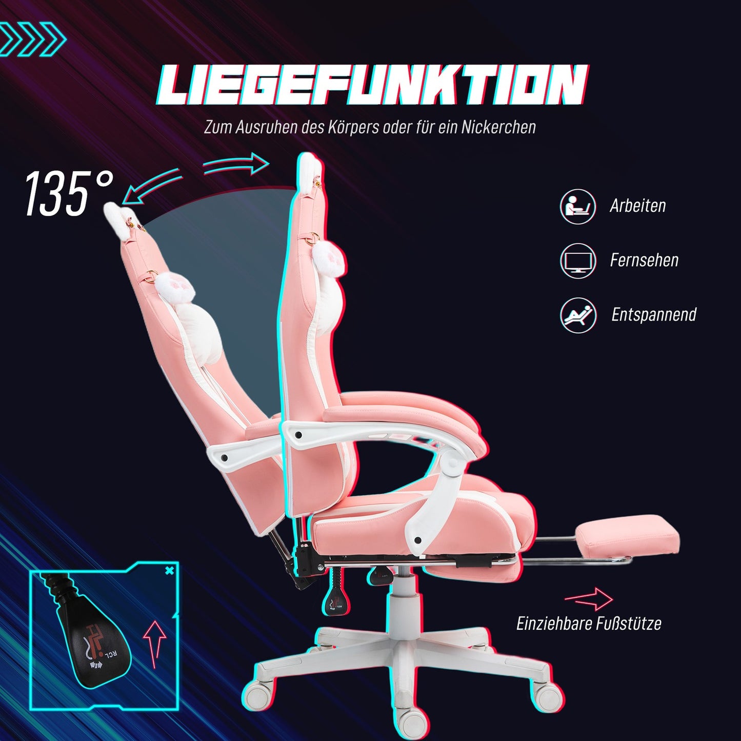 Ergonomic pink gaming chair with lumbar support and footrest