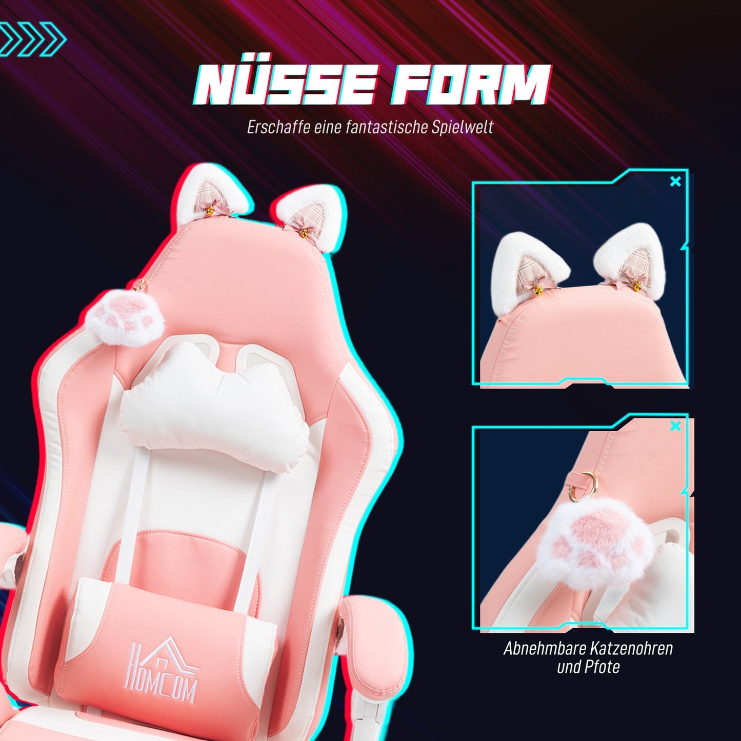 Ergonomic pink gaming chair with lumbar support and footrest