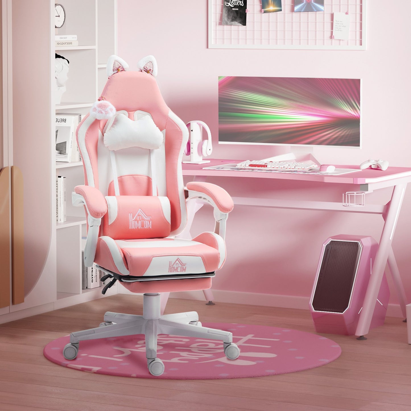 Ergonomic pink gaming chair with lumbar support and footrest