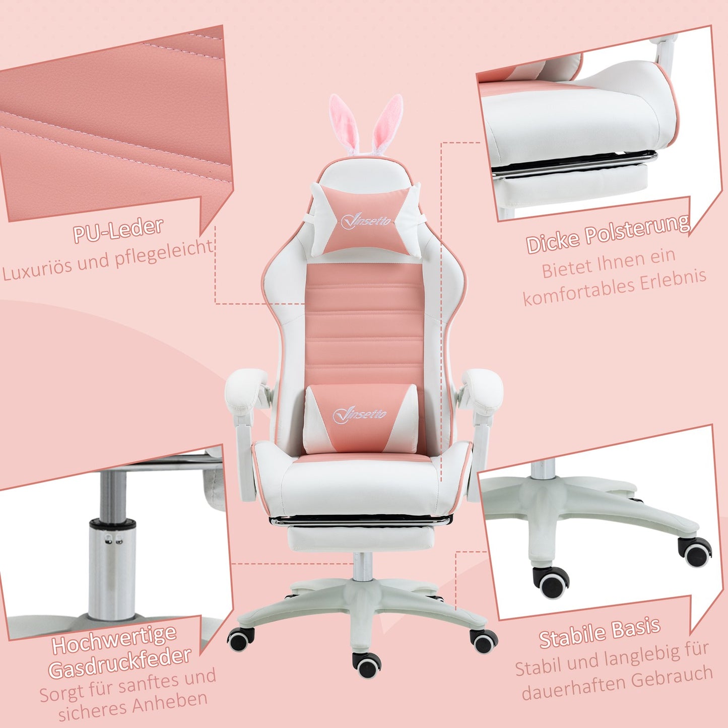 Pink ergonomic gaming chair with lumbar support and footrest