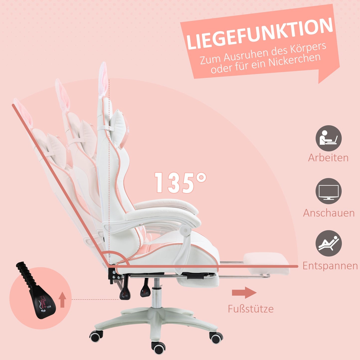 Pink ergonomic gaming chair with lumbar support and footrest