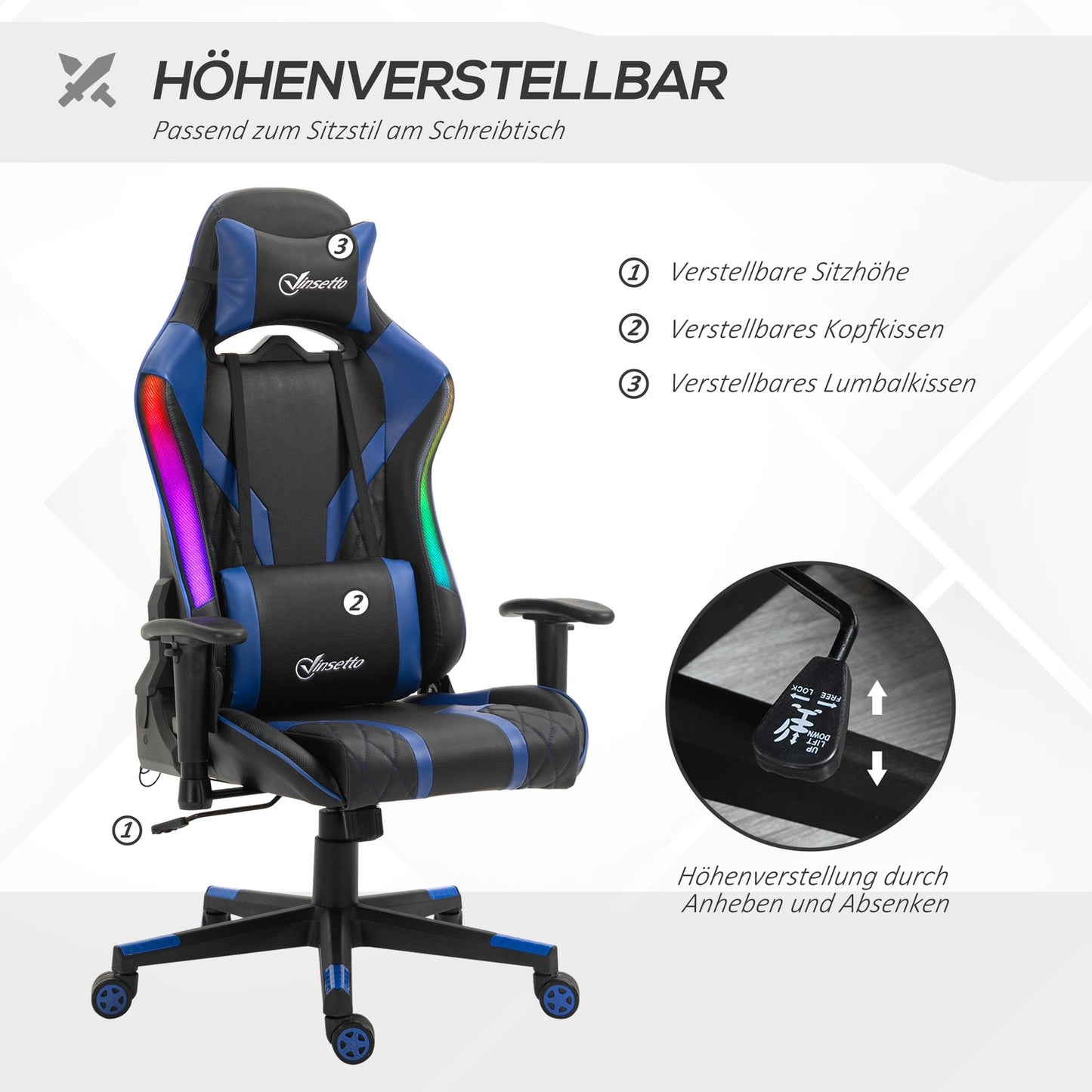 Ergonomic gaming chair with LED, adjustable armrest, high back