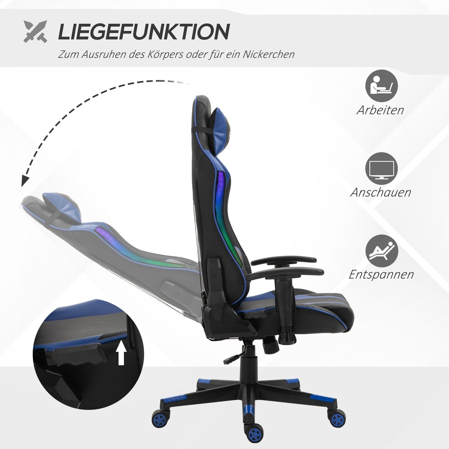 Ergonomic gaming chair with LED, adjustable armrest, high back