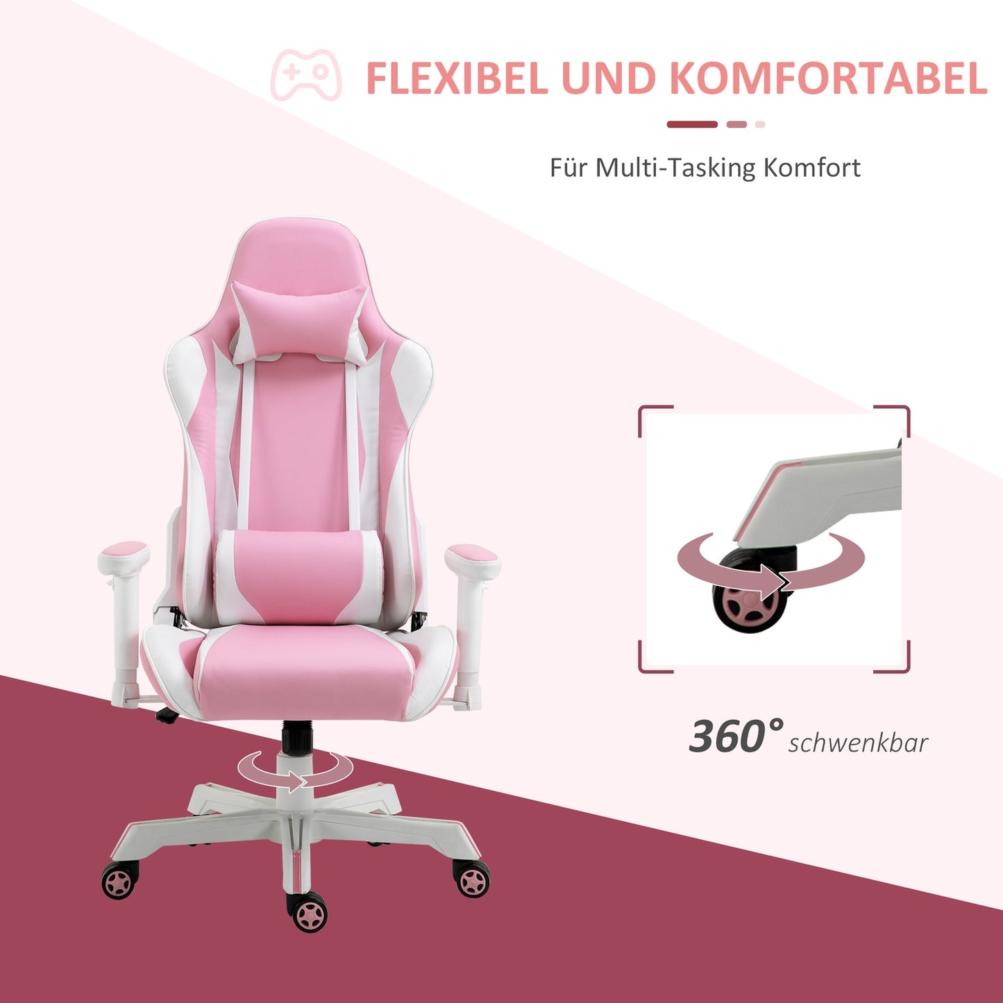 Pink & white gaming chair, adjustable, lumbar support, artificial leather
