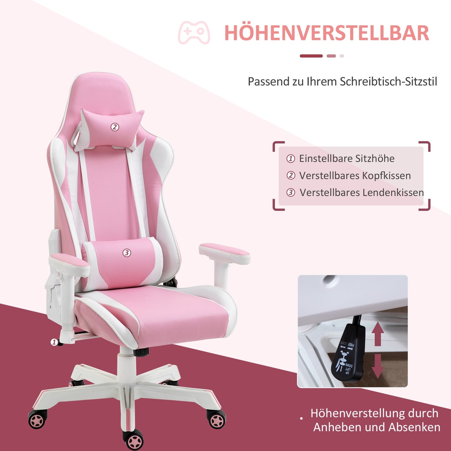 Pink & white gaming chair, adjustable, lumbar support, artificial leather